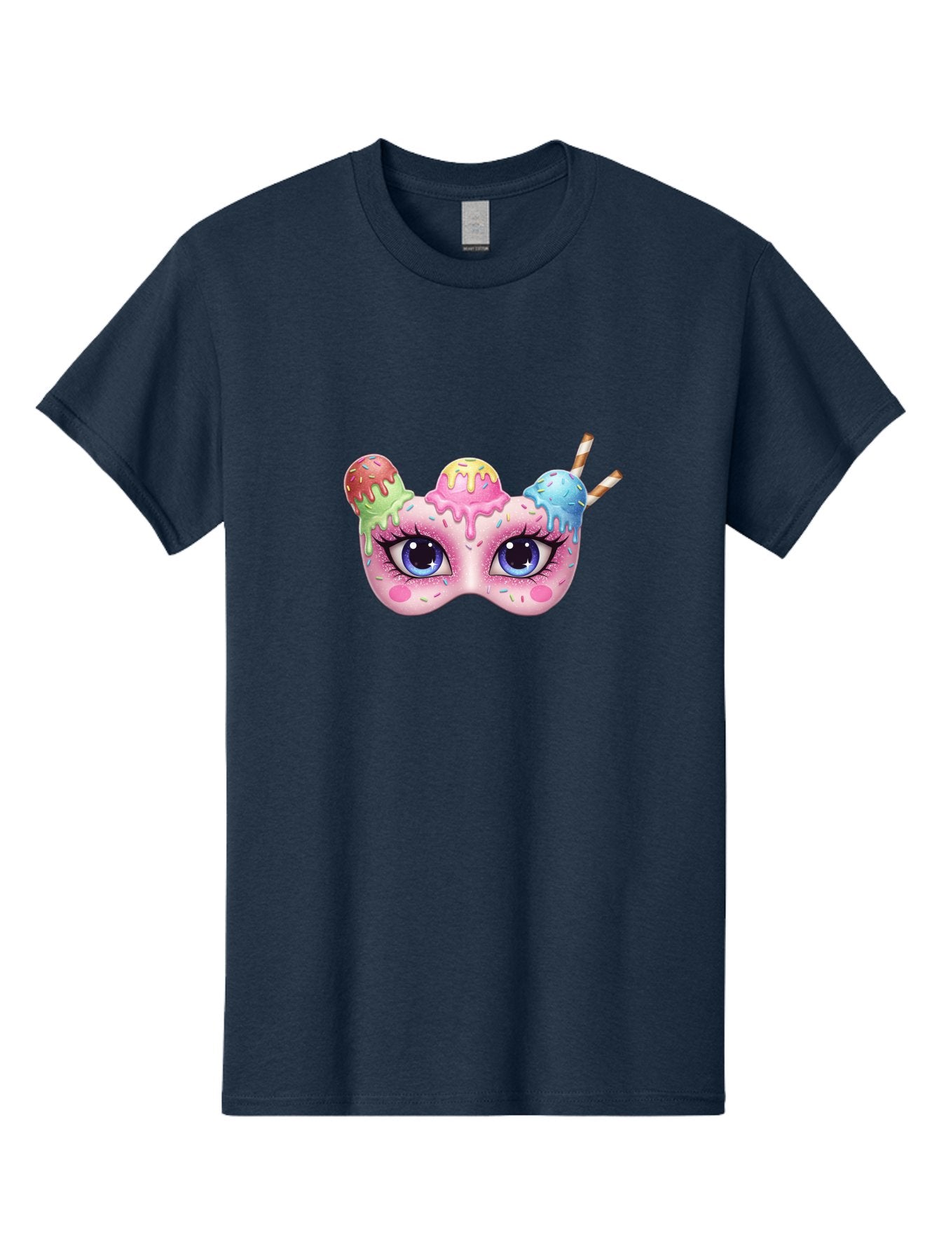 Ice-Cream-Mask Men'S Graphic Tee, 100% Cotton, Comfortable Casual Summer Wear, Machine Washable, Ice Cream Mask, Masquerade Ball, Pastel Colors, Blue Eyes, Candy Decorations, Sprinkles, Dripping Glaze, Whimsical Design, Cartoon Style, Bad206 9