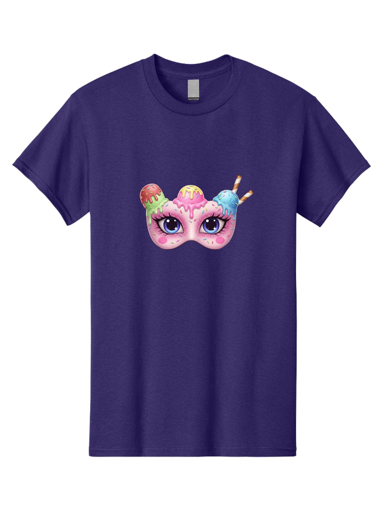 Ice-Cream-Mask Men'S Graphic Tee, 100% Cotton, Comfortable Casual Summer Wear, Machine Washable, Ice Cream Mask, Masquerade Ball, Pastel Colors, Blue Eyes, Candy Decorations, Sprinkles, Dripping Glaze, Whimsical Design, Cartoon Style, Bad206 13