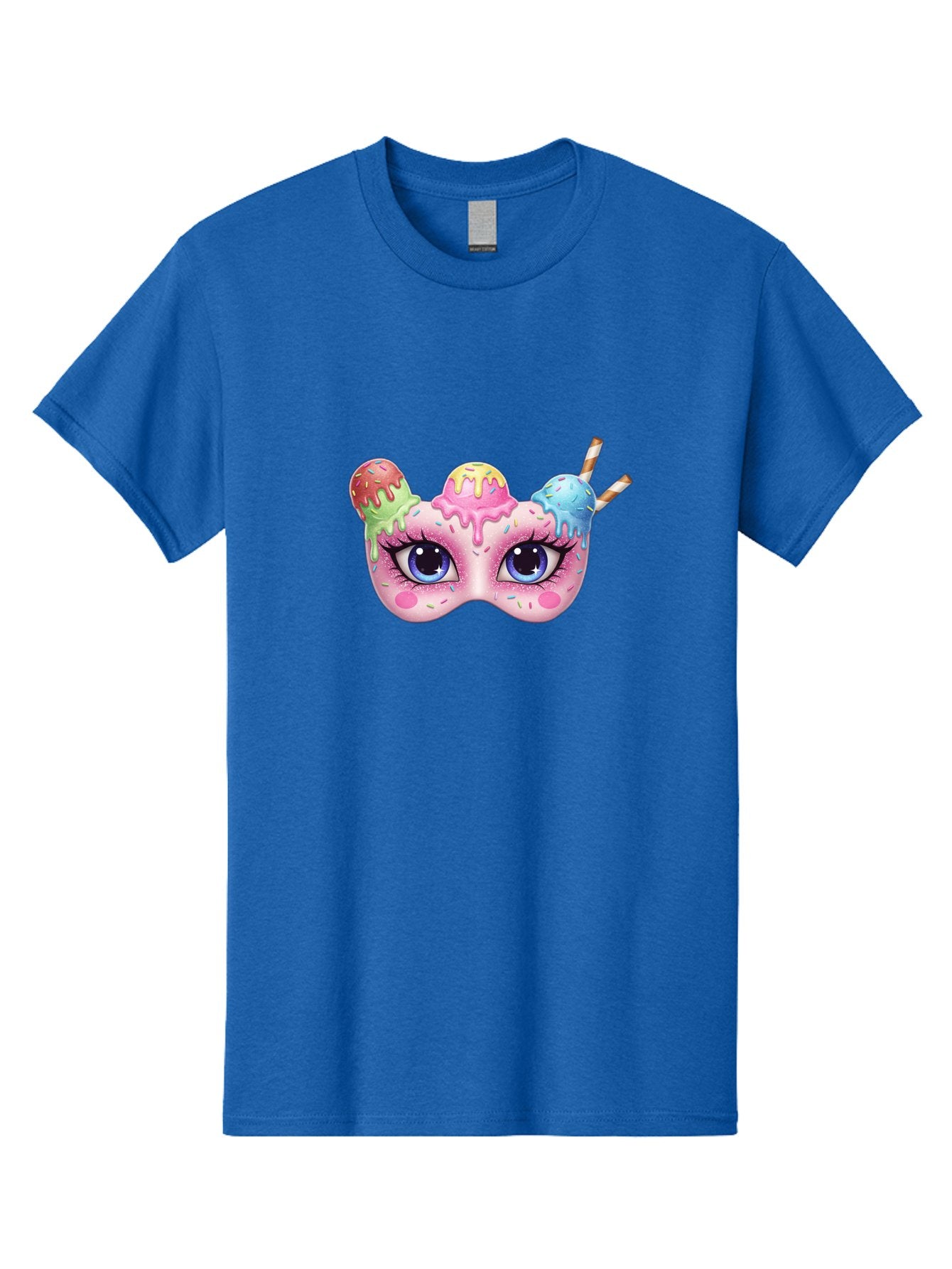 Ice-Cream-Mask Men'S Graphic Tee, 100% Cotton, Comfortable Casual Summer Wear, Machine Washable, Ice Cream Mask, Masquerade Ball, Pastel Colors, Blue Eyes, Candy Decorations, Sprinkles, Dripping Glaze, Whimsical Design, Cartoon Style, Bad206 5