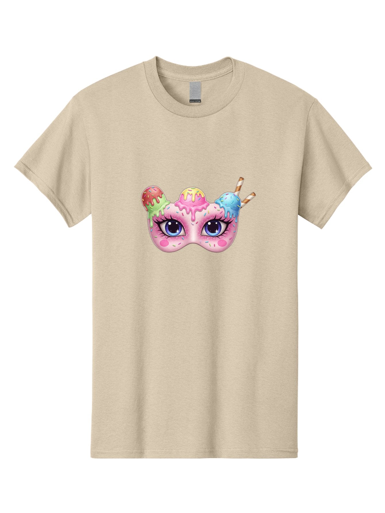 Ice-Cream-Mask Men'S Graphic Tee, 100% Cotton, Comfortable Casual Summer Wear, Machine Washable, Ice Cream Mask, Masquerade Ball, Pastel Colors, Blue Eyes, Candy Decorations, Sprinkles, Dripping Glaze, Whimsical Design, Cartoon Style, Bad206 7