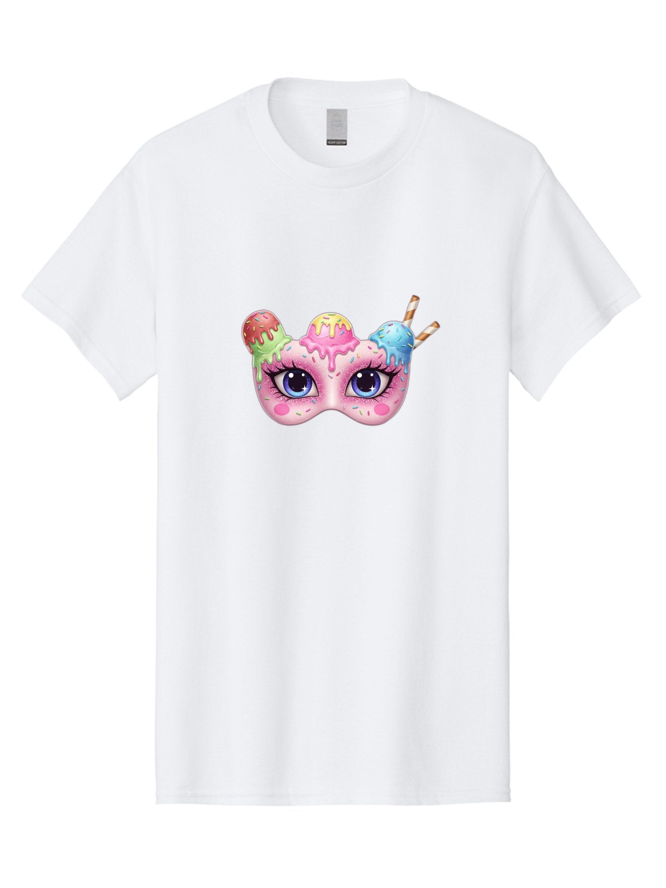 Ice-Cream-Mask Men'S Graphic Tee, 100% Cotton, Comfortable Casual Summer Wear, Machine Washable, Ice Cream Mask, Masquerade Ball, Pastel Colors, Blue Eyes, Candy Decorations, Sprinkles, Dripping Glaze, Whimsical Design, Cartoon Style, Bad206