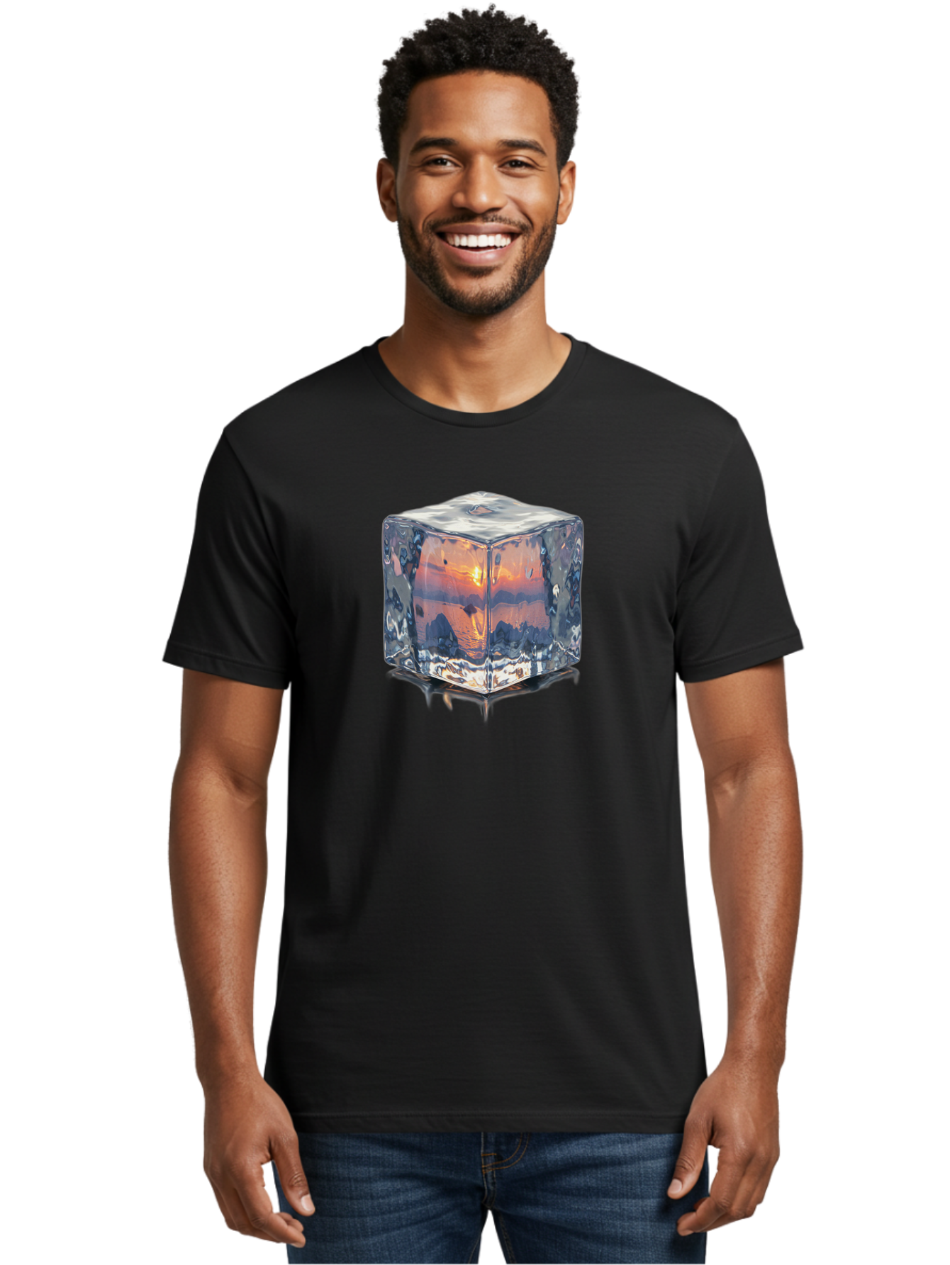 Ice-Cube-Sunset Men'S Graphic Tee, 100% Cotton, Comfortable Casual Summer Wear, Machine Washable, Ice Cube, Sunset Reflection, Ocean View, Rocky Landscape, Vibrant Orange, Cool Glass, Dramatic Scenery, Serene Atmosphere, Frozen Moment Bad207 18