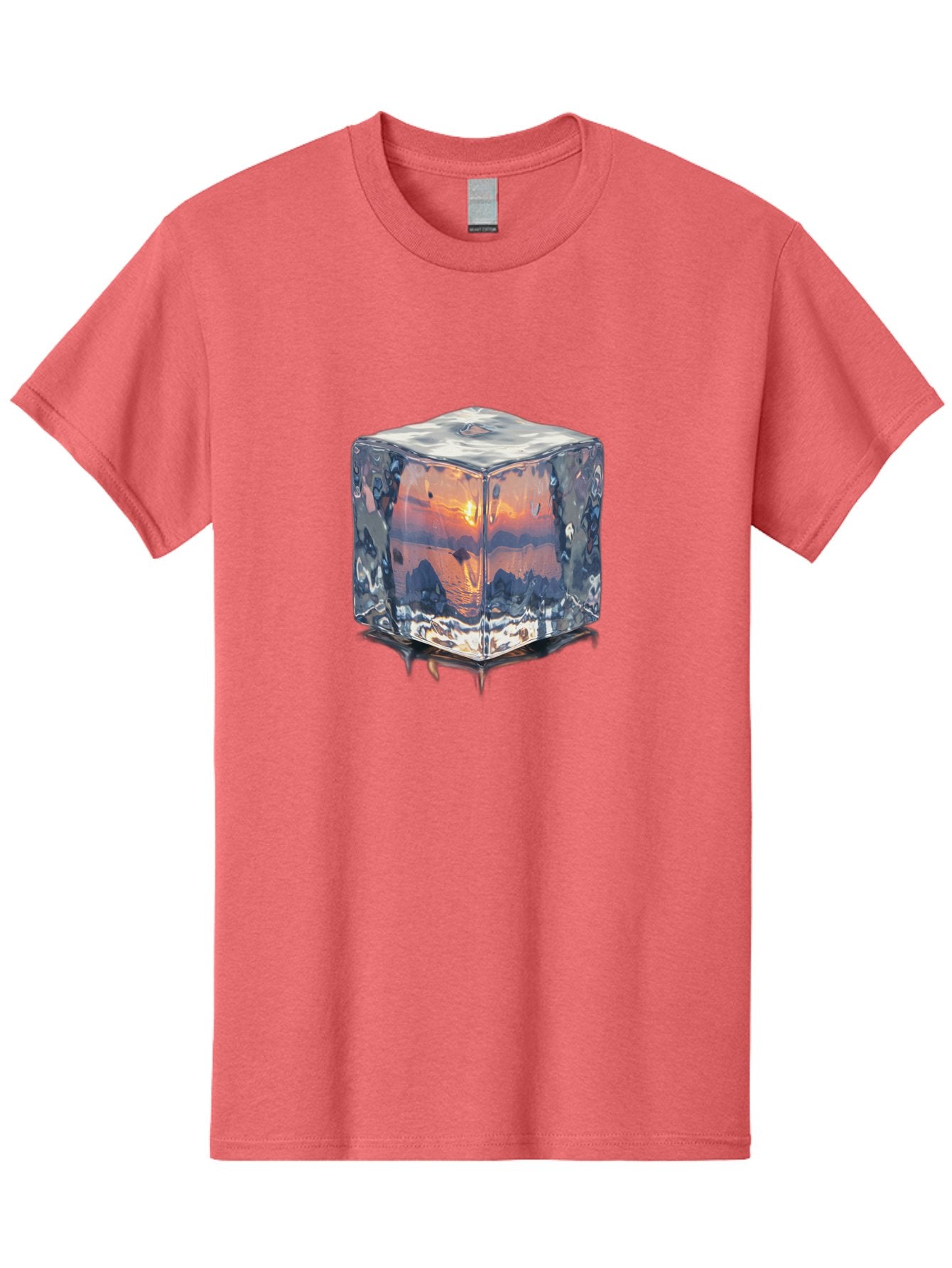 Ice-Cube-Sunset Men'S Graphic Tee, 100% Cotton, Comfortable Casual Summer Wear, Machine Washable, Ice Cube, Sunset Reflection, Ocean View, Rocky Landscape, Vibrant Orange, Cool Glass, Dramatic Scenery, Serene Atmosphere, Frozen Moment Bad207 3