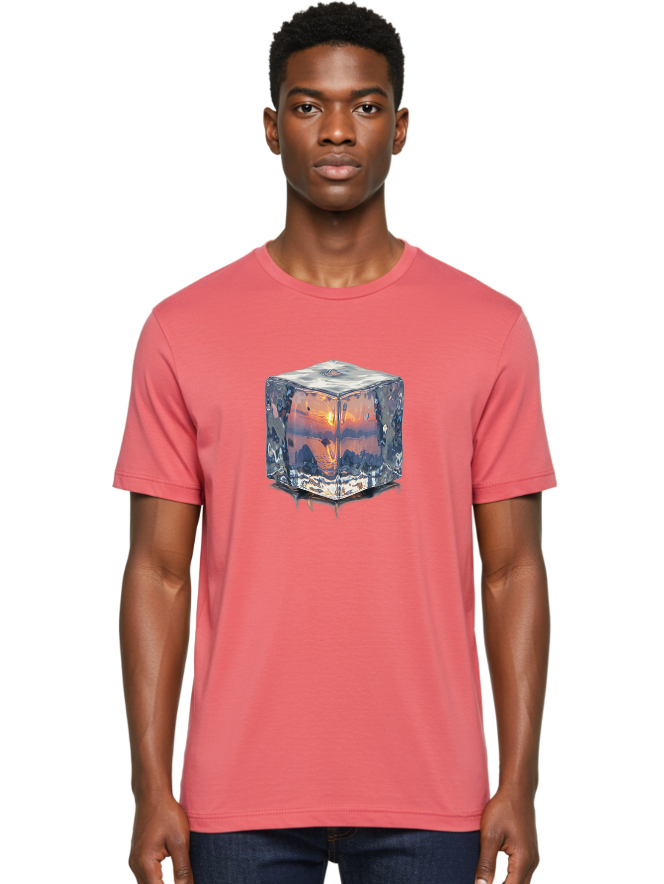 Ice-Cube-Sunset Men'S Graphic Tee, 100% Cotton, Comfortable Casual Summer Wear, Machine Washable, Ice Cube, Sunset Reflection, Ocean View, Rocky Landscape, Vibrant Orange, Cool Glass, Dramatic Scenery, Serene Atmosphere, Frozen Moment Bad207 24