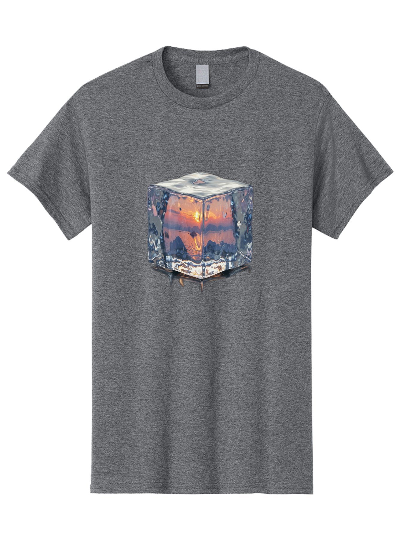 Ice-Cube-Sunset Men'S Graphic Tee, 100% Cotton, Comfortable Casual Summer Wear, Machine Washable, Ice Cube, Sunset Reflection, Ocean View, Rocky Landscape, Vibrant Orange, Cool Glass, Dramatic Scenery, Serene Atmosphere, Frozen Moment Bad207 9