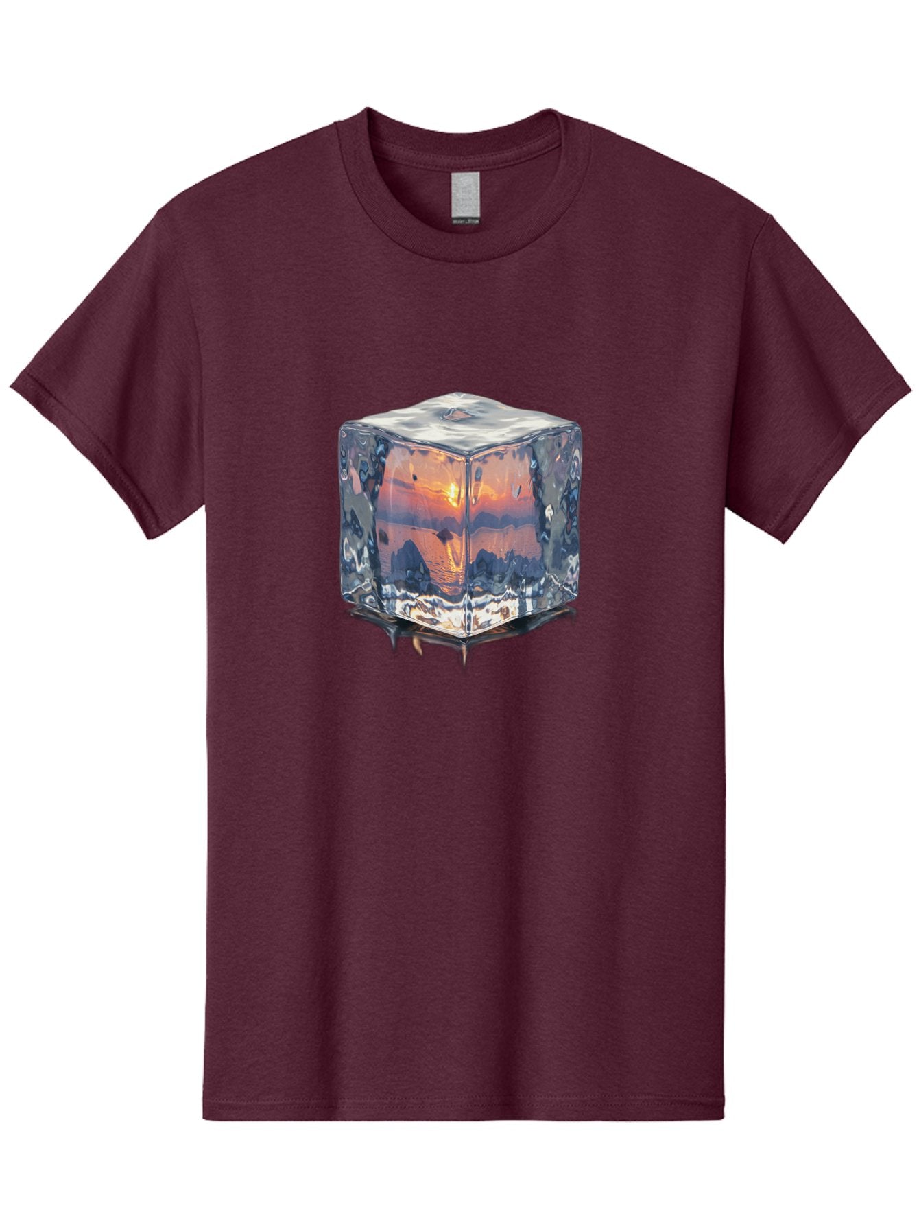 Ice-Cube-Sunset Men'S Graphic Tee, 100% Cotton, Comfortable Casual Summer Wear, Machine Washable, Ice Cube, Sunset Reflection, Ocean View, Rocky Landscape, Vibrant Orange, Cool Glass, Dramatic Scenery, Serene Atmosphere, Frozen Moment Bad207