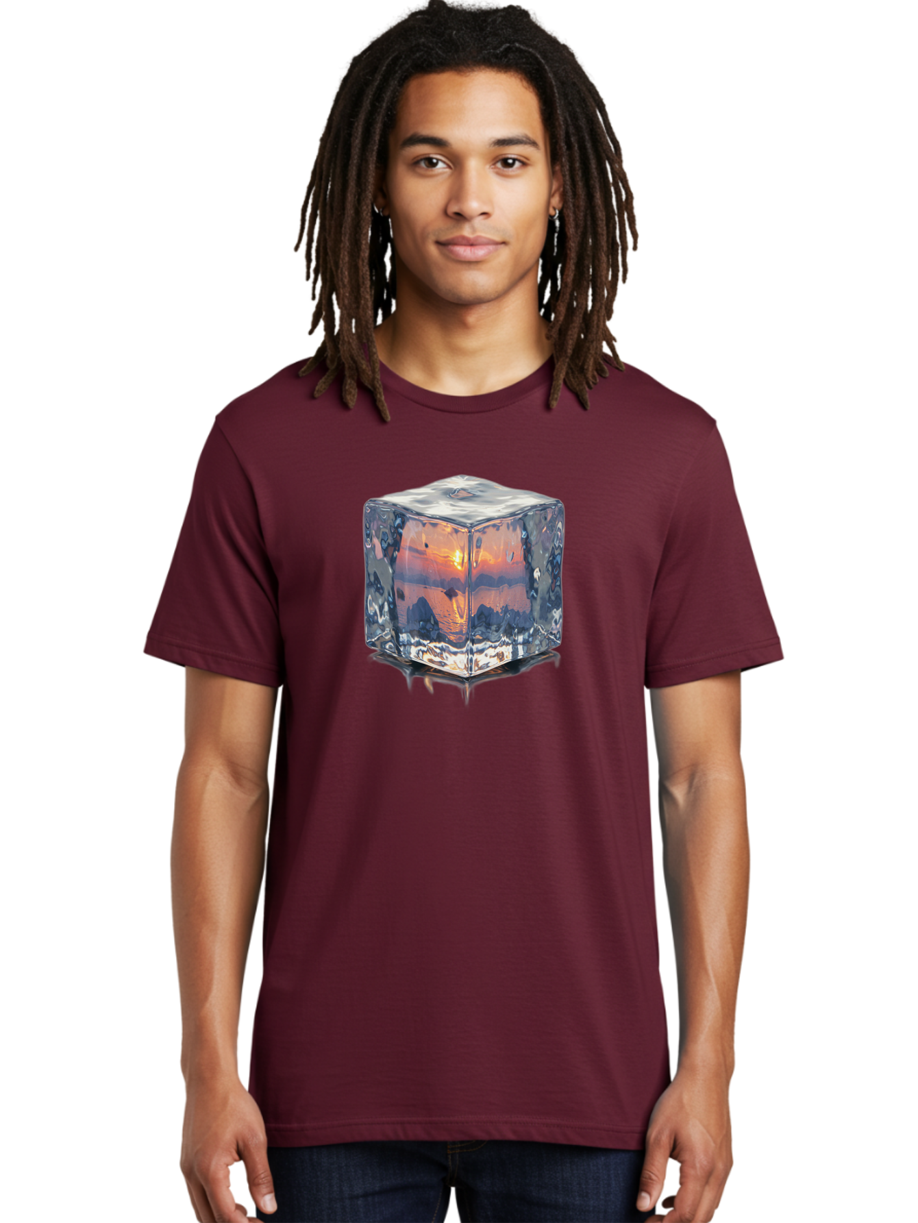 Ice-Cube-Sunset Men'S Graphic Tee, 100% Cotton, Comfortable Casual Summer Wear, Machine Washable, Ice Cube, Sunset Reflection, Ocean View, Rocky Landscape, Vibrant Orange, Cool Glass, Dramatic Scenery, Serene Atmosphere, Frozen Moment Bad207 25