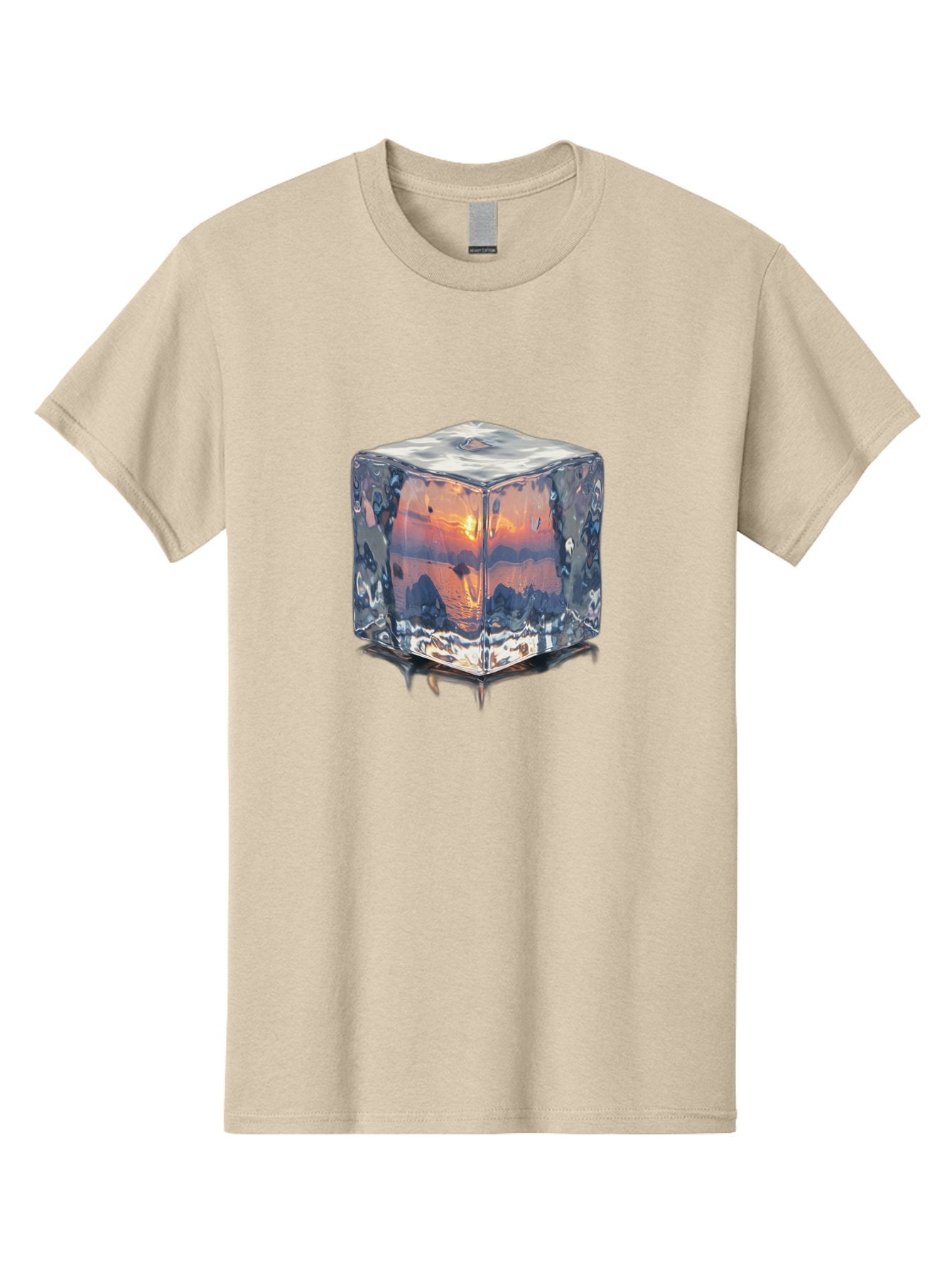 Ice-Cube-Sunset Men'S Graphic Tee, 100% Cotton, Comfortable Casual Summer Wear, Machine Washable, Ice Cube, Sunset Reflection, Ocean View, Rocky Landscape, Vibrant Orange, Cool Glass, Dramatic Scenery, Serene Atmosphere, Frozen Moment Bad207