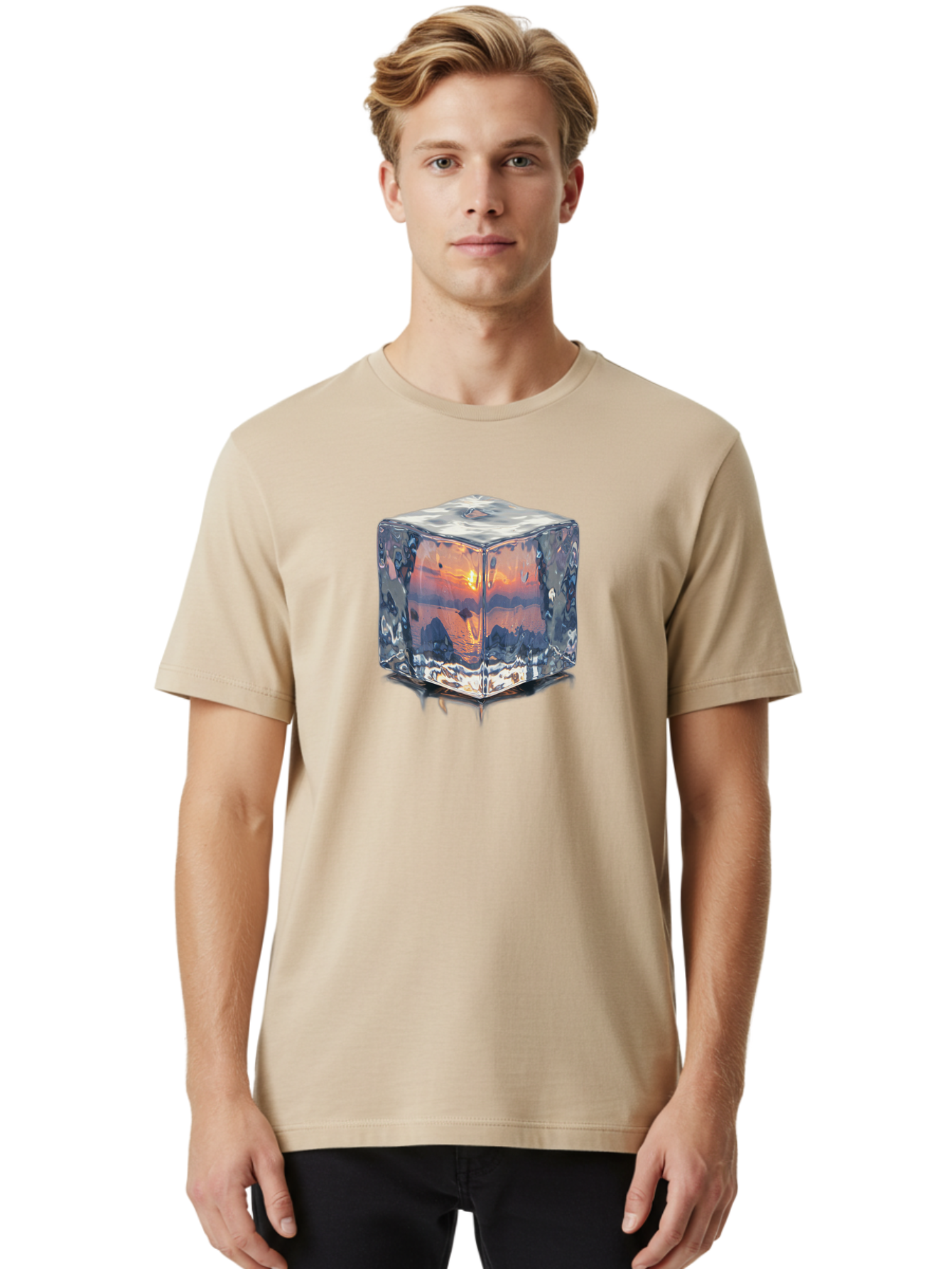 Ice-Cube-Sunset Men'S Graphic Tee, 100% Cotton, Comfortable Casual Summer Wear, Machine Washable, Ice Cube, Sunset Reflection, Ocean View, Rocky Landscape, Vibrant Orange, Cool Glass, Dramatic Scenery, Serene Atmosphere, Frozen Moment Bad207 26