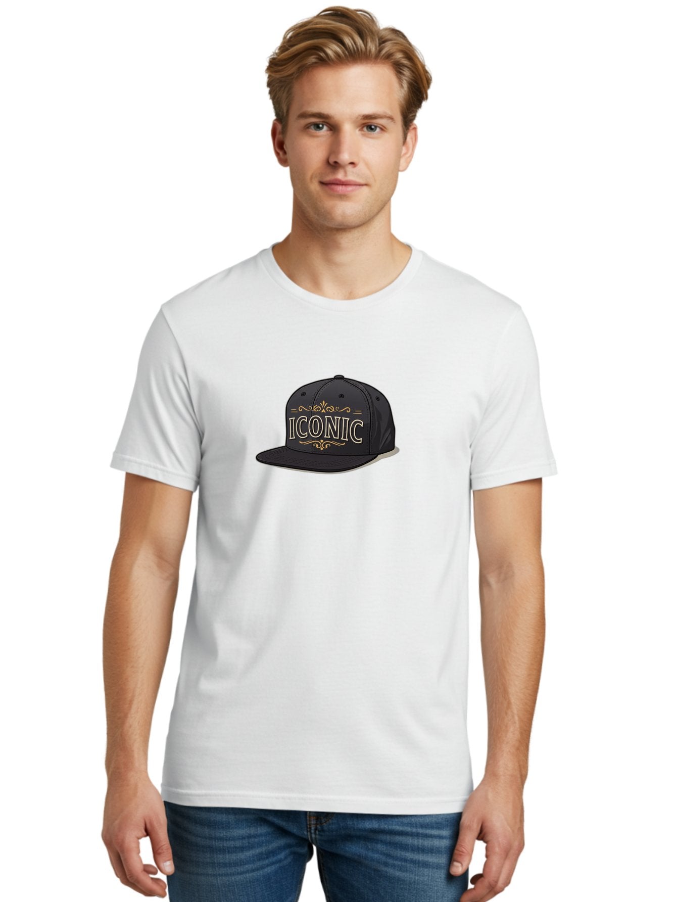 Iconic-Snapback-Hat Men'S Graphic Tee, 100% Cotton, Comfortable Casual Summer Wear, Machine Washable, Baseball Cap, Black Hat, Iconic Logo, Fashion Accessory, Trendy Headwear, Streetwear Style, Casual Wear, Hat Design, Gold Accents, Bad211 27