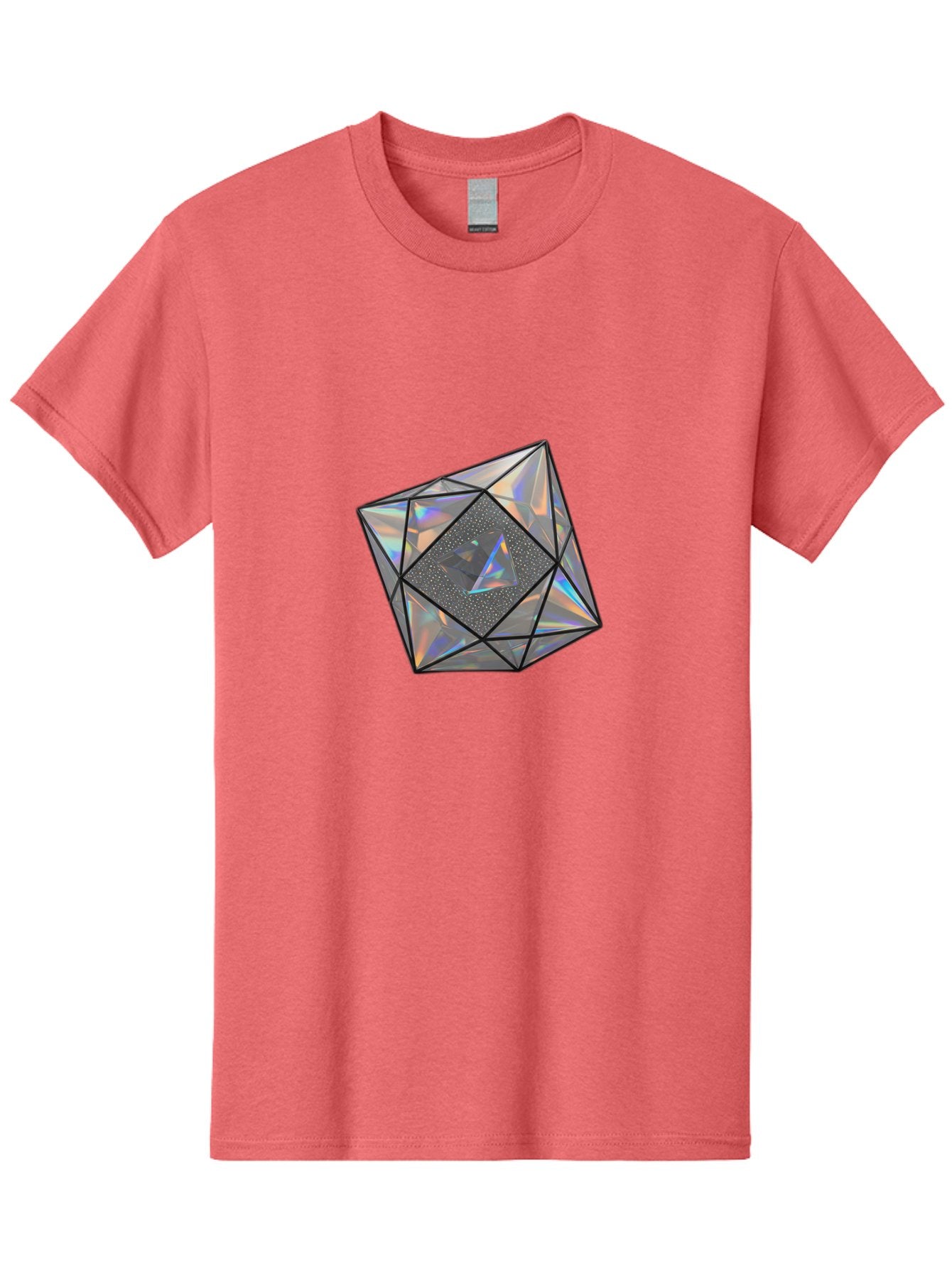 Icosahedron Men'S Graphic Tee, 100% Cotton, Comfortable Casual Summer Wear, Machine Washable, Geometric Shape, 3D Icosahedron, Holographic Effect, Iridescent Colors, Futuristic Design, Crystal-Like Appearance, Modern Art Bad212 12