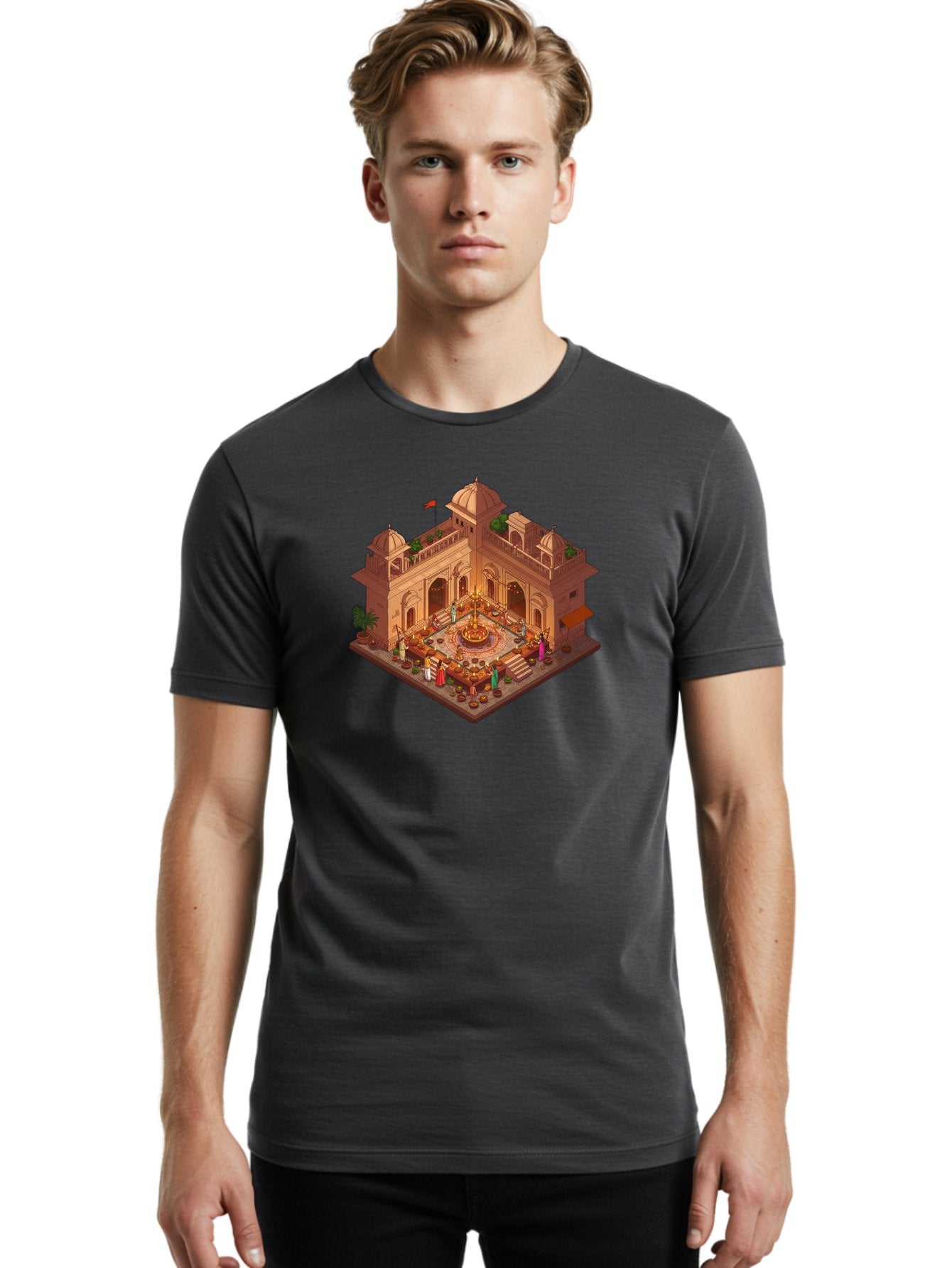 Indian-Palace Men'S Graphic Tee, 100% Cotton, Comfortable Casual Summer Wear, Machine Washable, Indian Palace, Isometric View, Hindu Temple, Cultural Gathering, Traditional Architecture, Vibrant Colors, Cultural Heritage, Ornate Details, Bad213 30