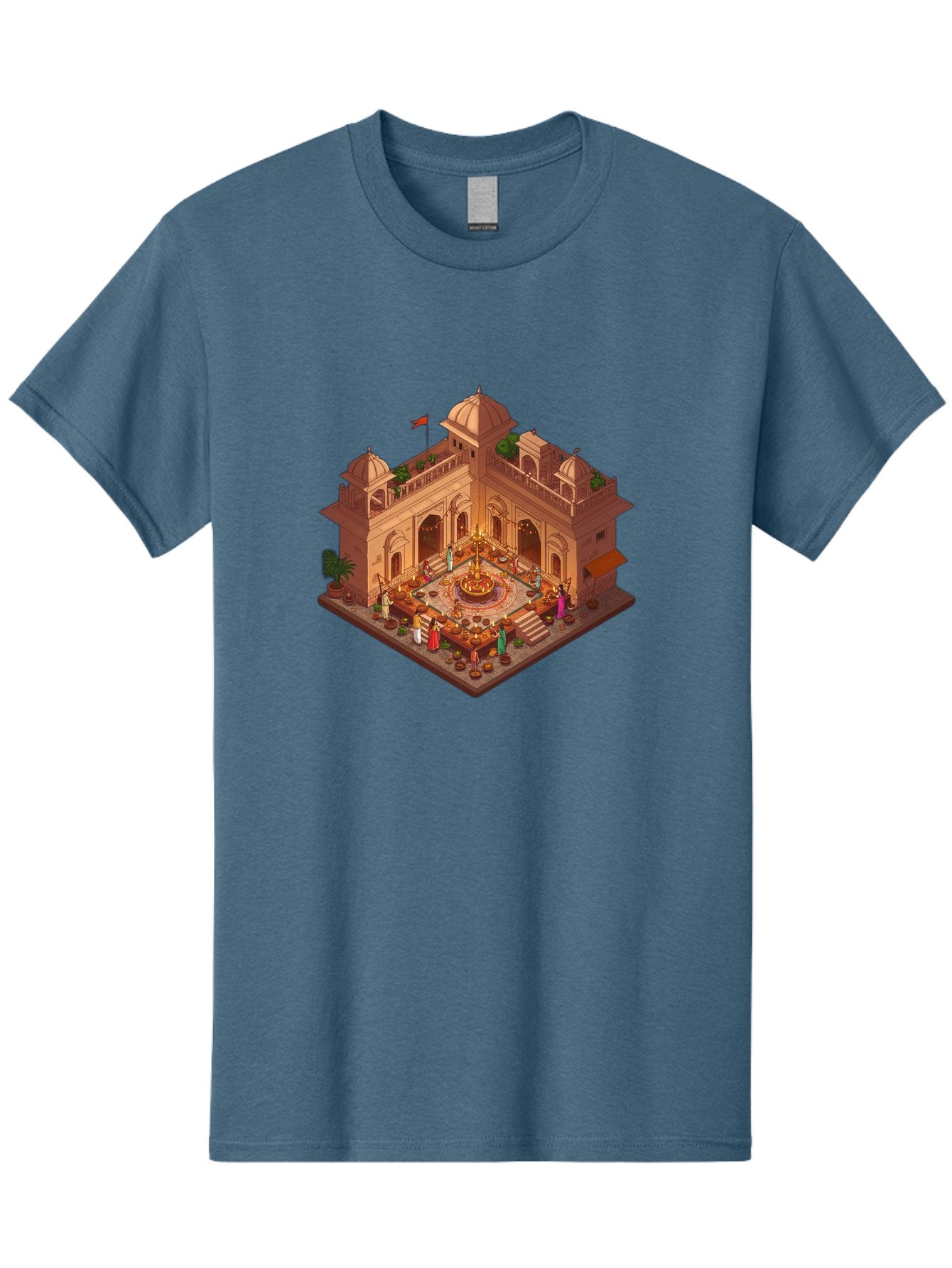 Indian-Palace Men'S Graphic Tee, 100% Cotton, Comfortable Casual Summer Wear, Machine Washable, Indian Palace, Isometric View, Hindu Temple, Cultural Gathering, Traditional Architecture, Vibrant Colors, Cultural Heritage, Ornate Details, Bad213 4