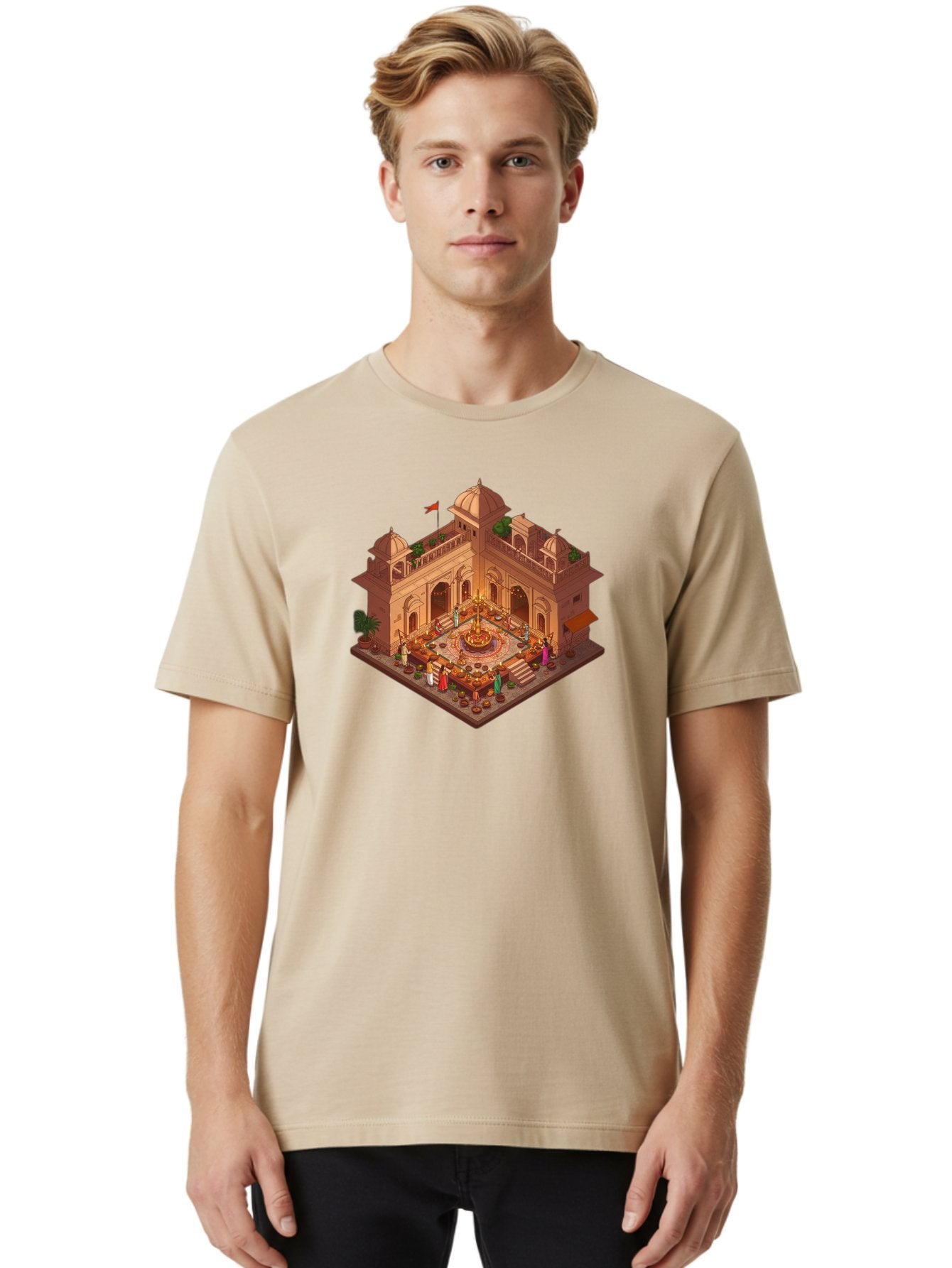 Indian-Palace Men'S Graphic Tee, 100% Cotton, Comfortable Casual Summer Wear, Machine Washable, Indian Palace, Isometric View, Hindu Temple, Cultural Gathering, Traditional Architecture, Vibrant Colors, Cultural Heritage, Ornate Details, Bad213 26