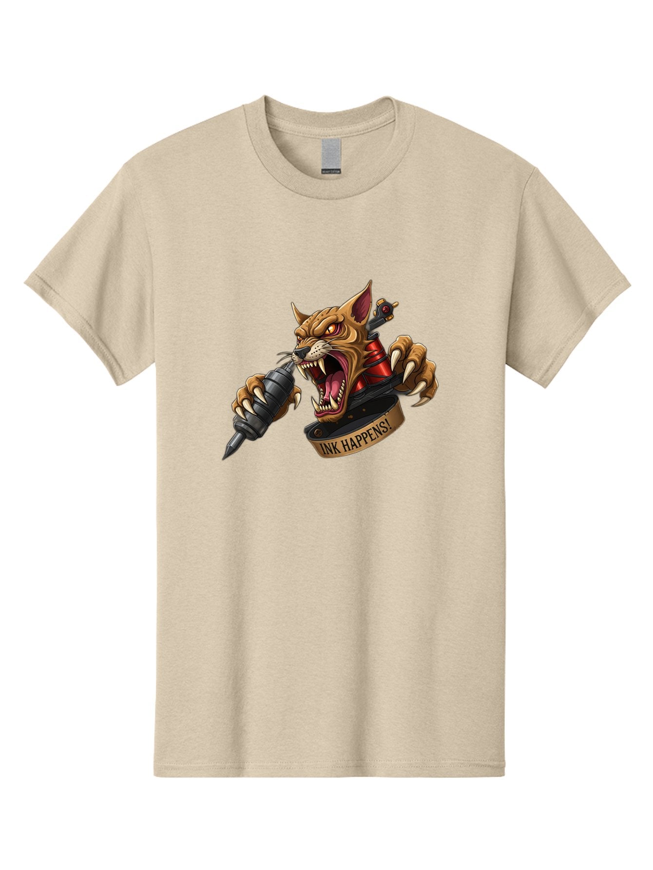 Ink-Happens-1 Men'S Graphic Tee, 100% Cotton, Comfortable Casual Summer Wear, Machine Washable, Tattoo Machine, Snarling Cat, Aggressive Animal, Ink Art, Tattoo Culture, Body Art, Tattoo Design, Cat Tattoo, Ink Happens! Bad215