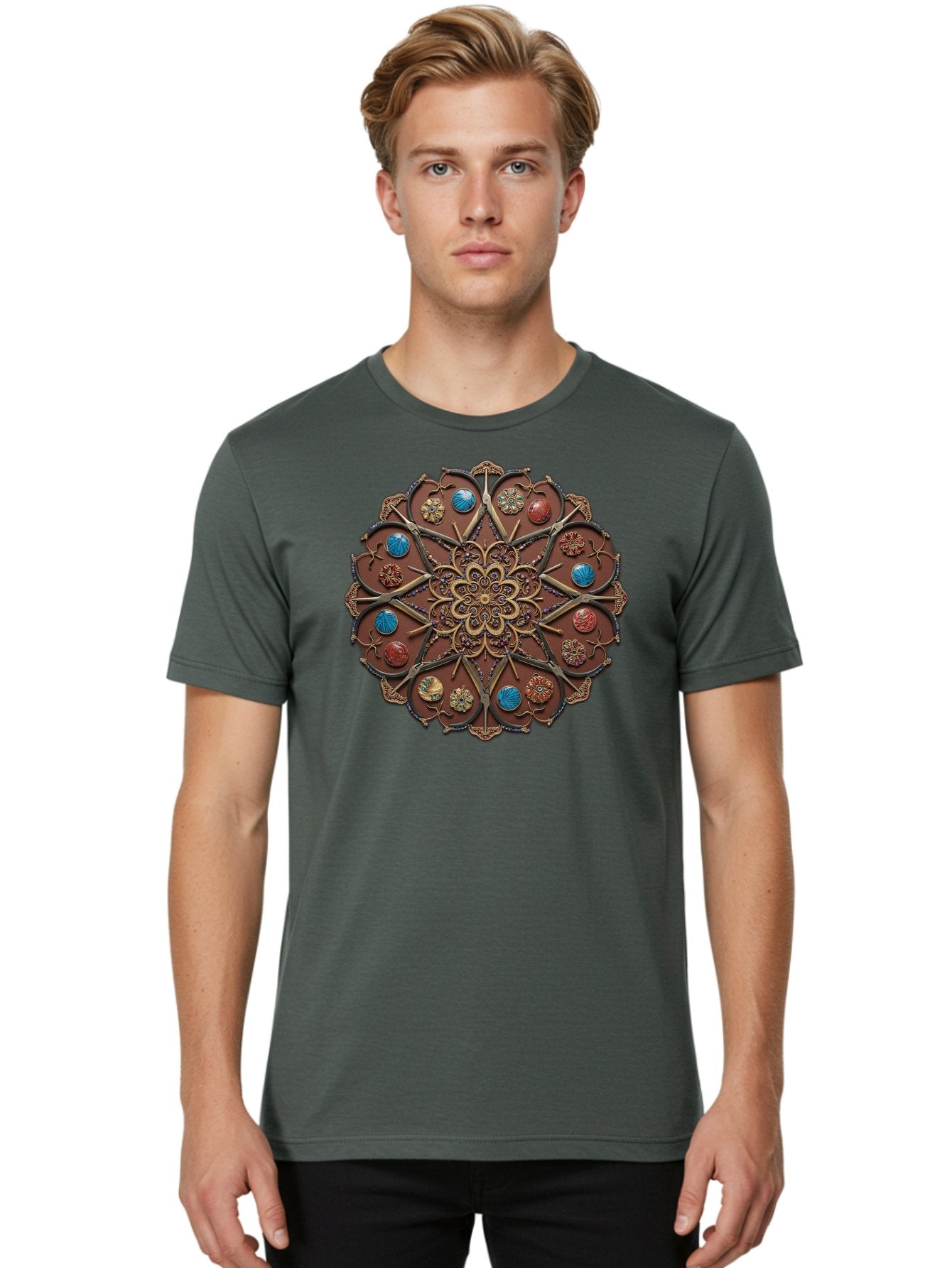 Intricate-Design Men'S Graphic Tee, 100% Cotton, Comfortable Casual Summer Wear, Machine Washable, Mandala Artwork, Intricate Patterns, Ornate Details, Floral Motifs, Symmetry, Decorative Art, Cultural Heritage, Colorful Design, Detailed Work, Bad218 19