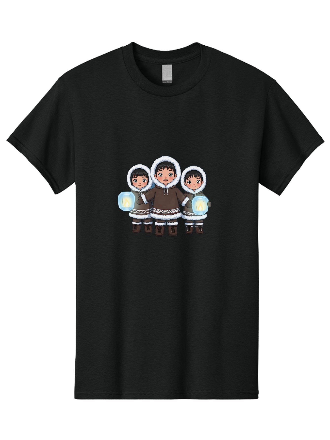Inuit-Children-With-Lanterns Men'S Graphic Tee, 100% Cotton, Comfortable Casual Summer Wear, Machine Washable, Inuit Children, Traditional Clothing, Fur-Lined Hoods, Lanterns In Hands, Winter Attire, Arctic Culture, Indigenous People, Bad219 4