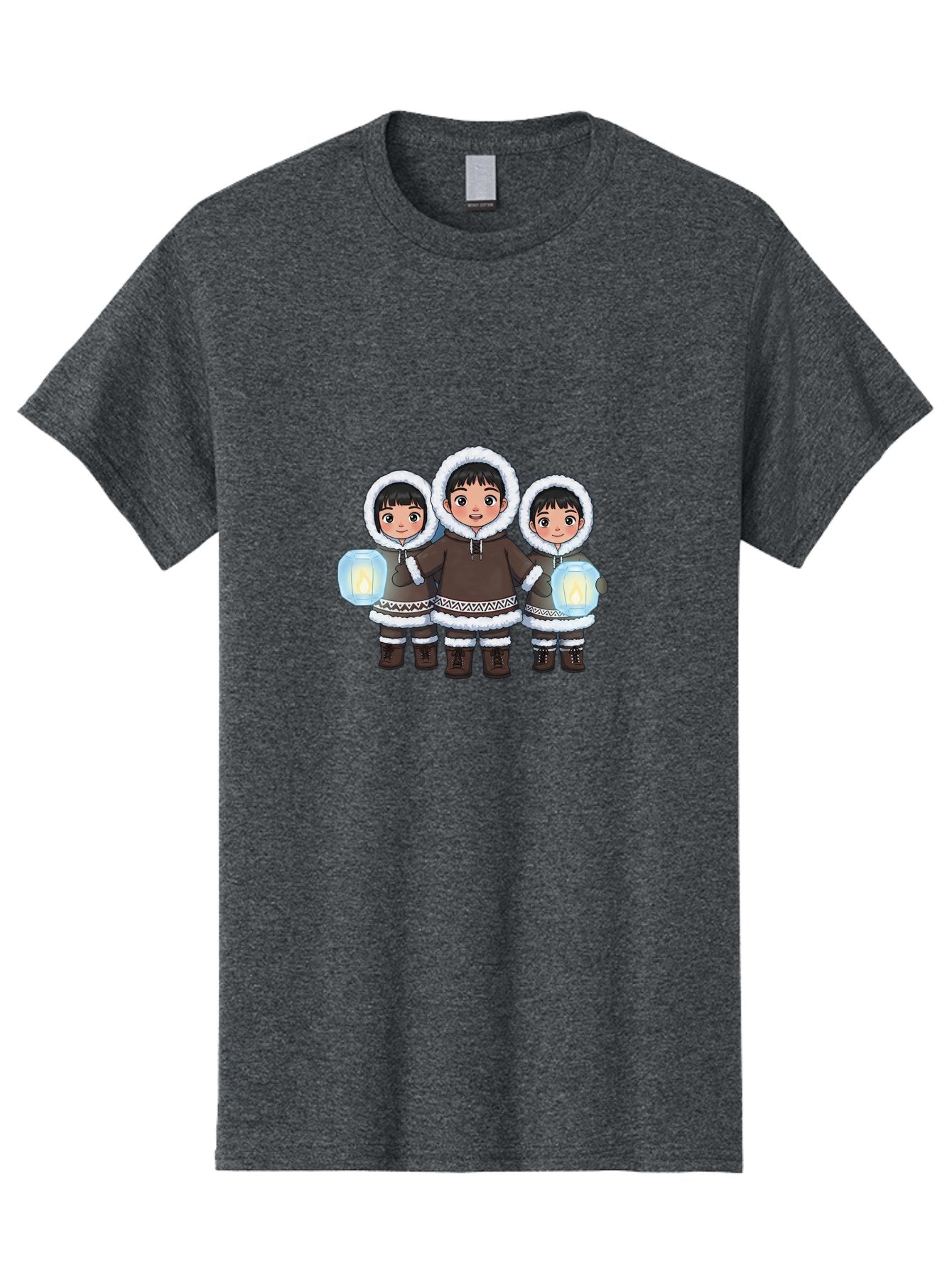 Inuit-Children-With-Lanterns Men'S Graphic Tee, 100% Cotton, Comfortable Casual Summer Wear, Machine Washable, Inuit Children, Traditional Clothing, Fur-Lined Hoods, Lanterns In Hands, Winter Attire, Arctic Culture, Indigenous People, Bad219 7