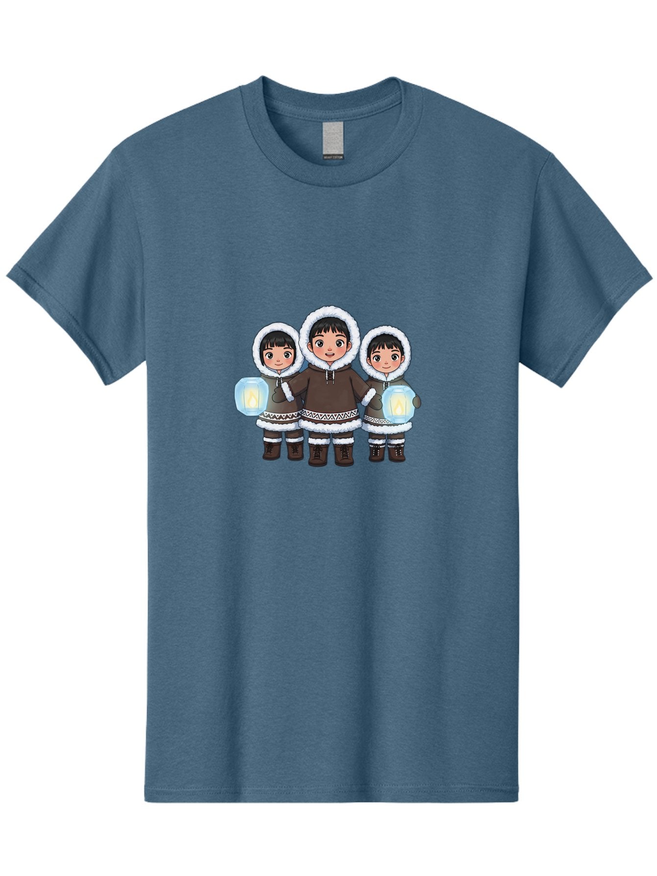 Inuit-Children-With-Lanterns Men'S Graphic Tee, 100% Cotton, Comfortable Casual Summer Wear, Machine Washable, Inuit Children, Traditional Clothing, Fur-Lined Hoods, Lanterns In Hands, Winter Attire, Arctic Culture, Indigenous People, Bad219 13