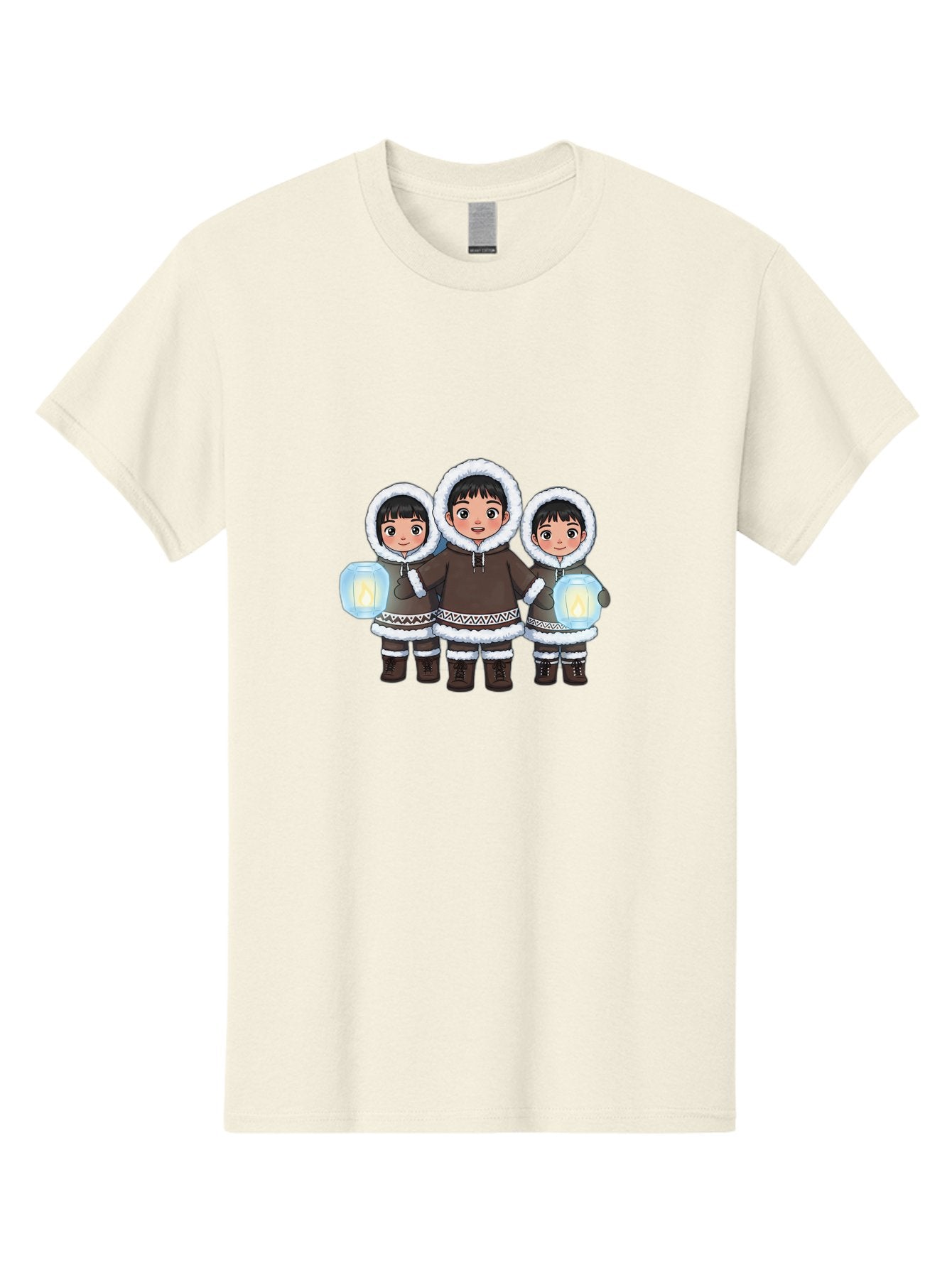 Inuit-Children-With-Lanterns Men'S Graphic Tee, 100% Cotton, Comfortable Casual Summer Wear, Machine Washable, Inuit Children, Traditional Clothing, Fur-Lined Hoods, Lanterns In Hands, Winter Attire, Arctic Culture, Indigenous People, Bad219 3