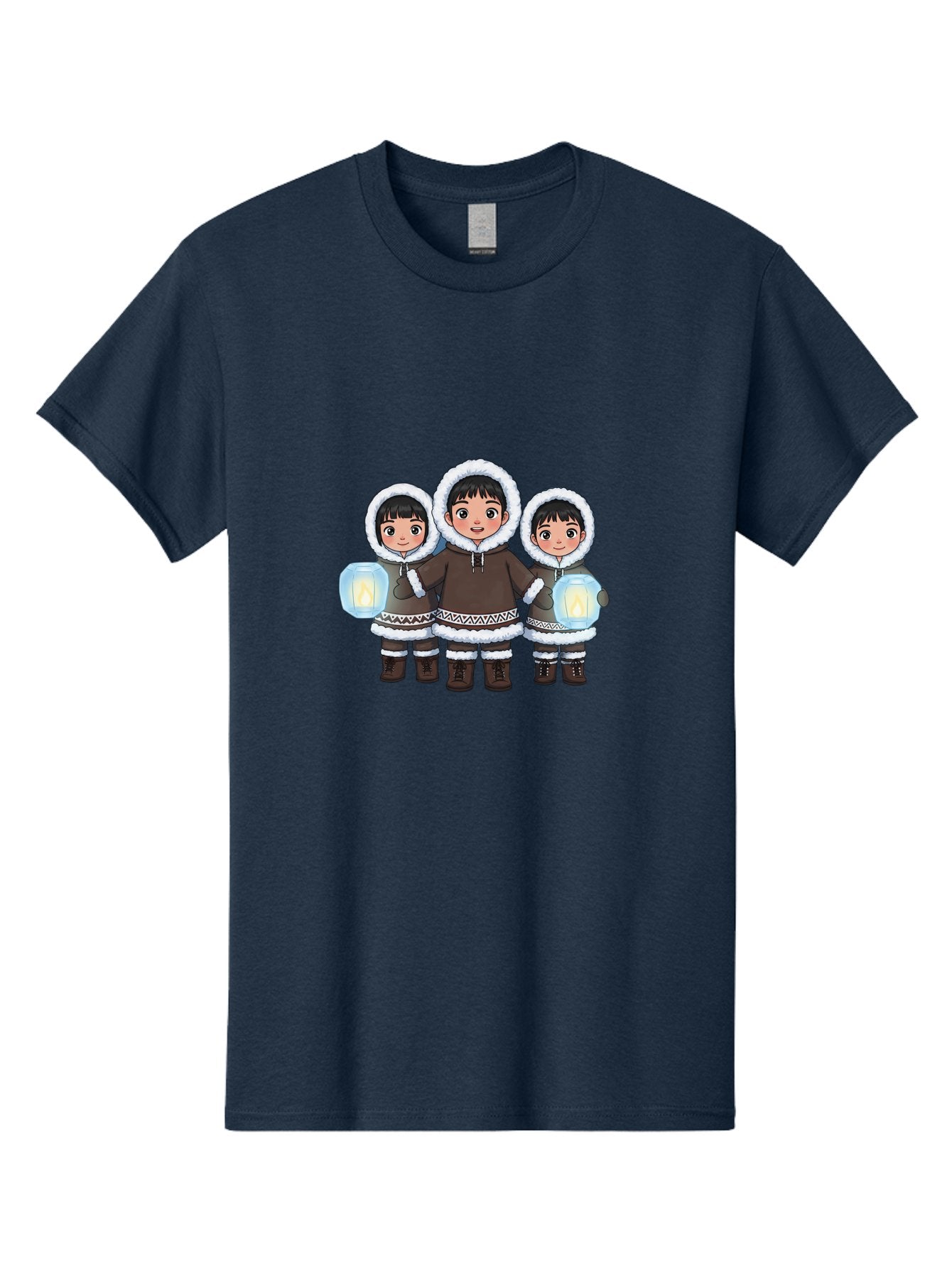 Inuit-Children-With-Lanterns Men'S Graphic Tee, 100% Cotton, Comfortable Casual Summer Wear, Machine Washable, Inuit Children, Traditional Clothing, Fur-Lined Hoods, Lanterns In Hands, Winter Attire, Arctic Culture, Indigenous People, Bad219 5