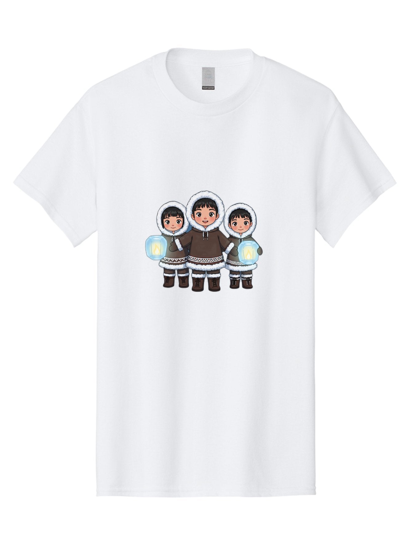 Inuit-Children-With-Lanterns Men'S Graphic Tee, 100% Cotton, Comfortable Casual Summer Wear, Machine Washable, Inuit Children, Traditional Clothing, Fur-Lined Hoods, Lanterns In Hands, Winter Attire, Arctic Culture, Indigenous People, Bad219 9