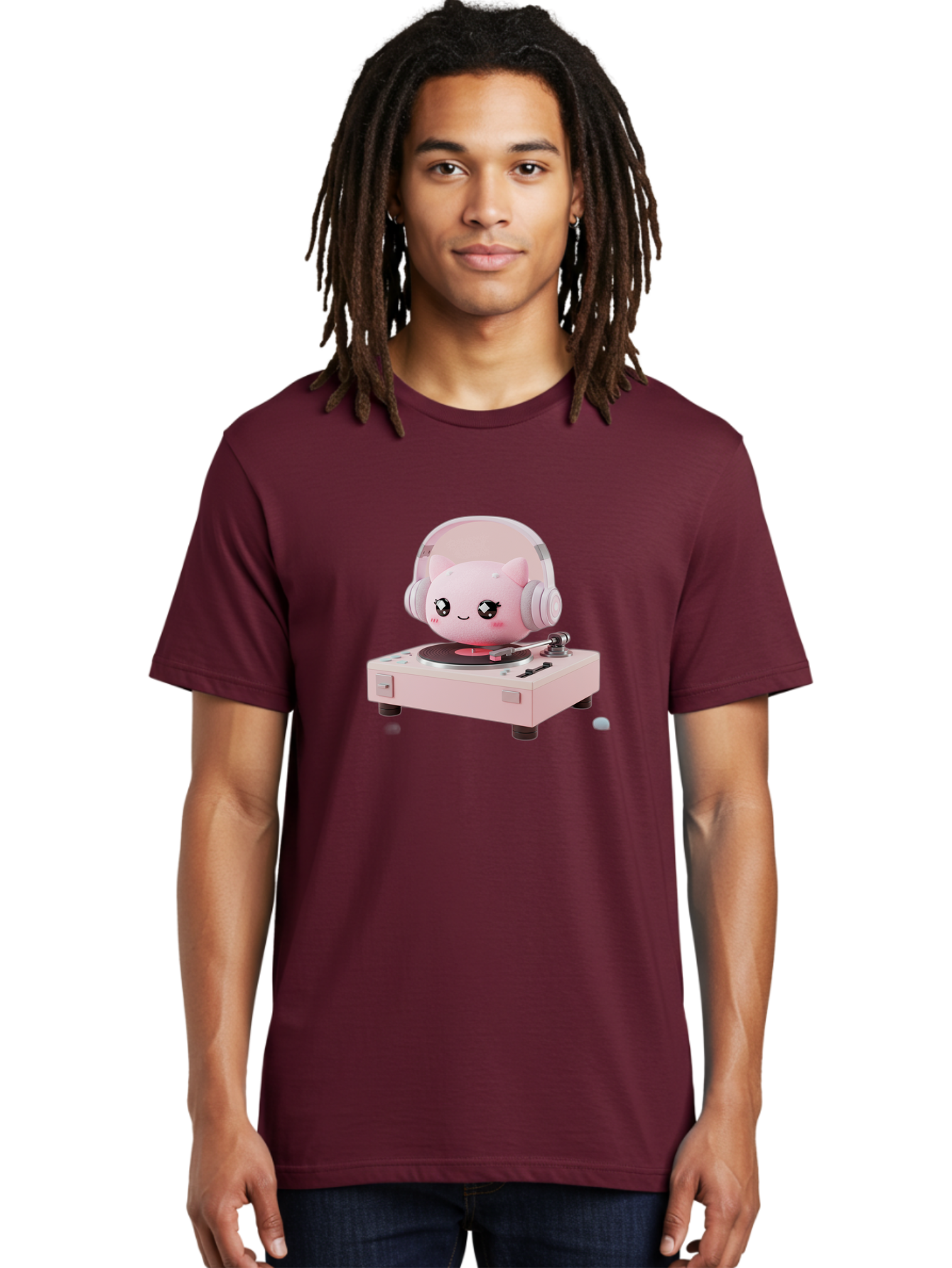 Jigglypuff-Listening-Music Men'S Graphic Tee, 100% Cotton, Comfortable Casual Summer Wear, Machine Washable, Jigglypuff Listening To Music, Pink Record Player, Pastel Colors, Cartoon Character, Retro Gaming, Nostalgic Vibes, Cute Illustration, Bad231 16