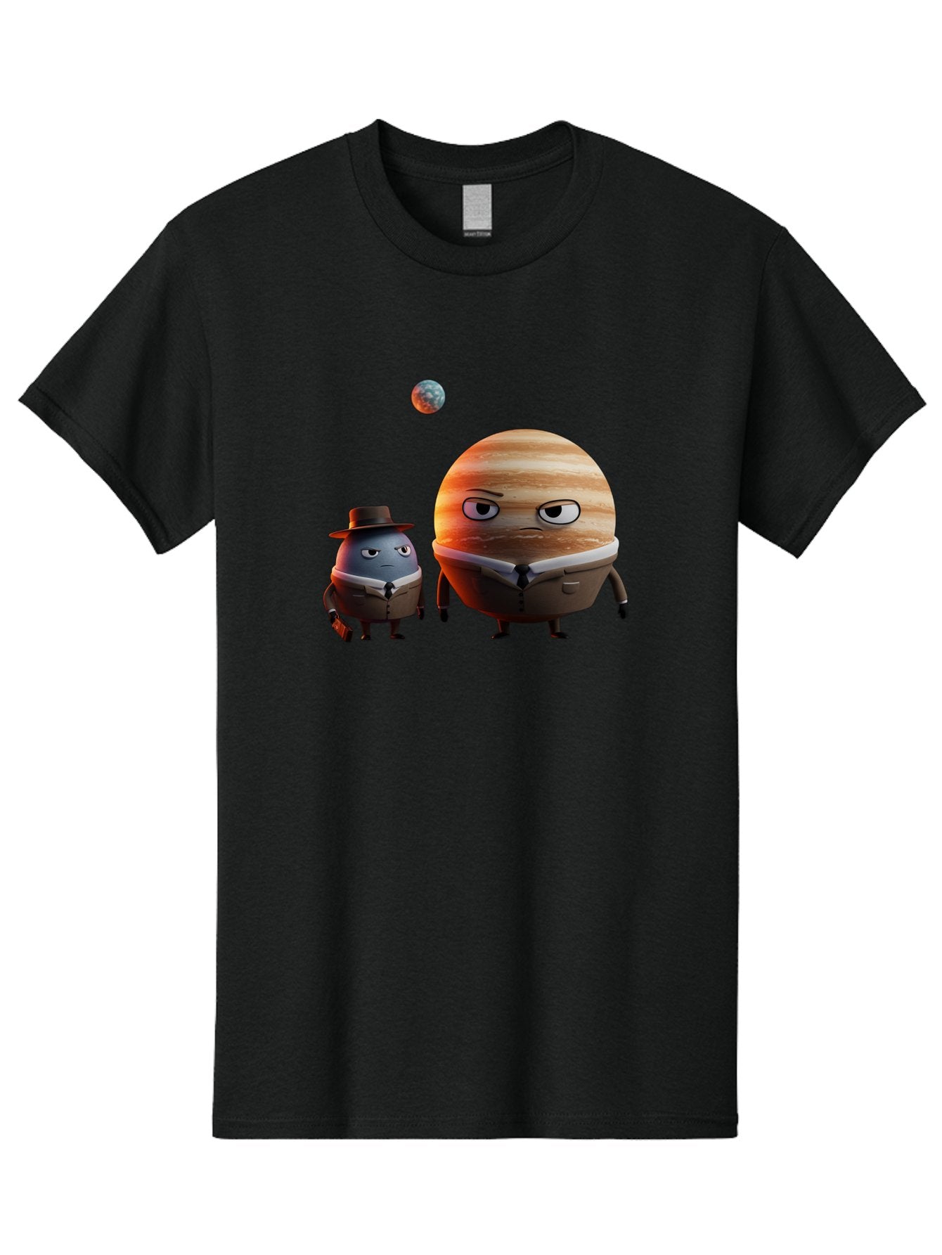 Jupiter-And-Earth Men'S Graphic Tee, 100% Cotton, Comfortable Casual Summer Wear, Machine Washable, Cartoon Planets, Jupiter And Mercury, Anthropomorphic Characters, Detective Character, Jupiter With Angry Face, Mercury With Detective Hat, Bad237 15