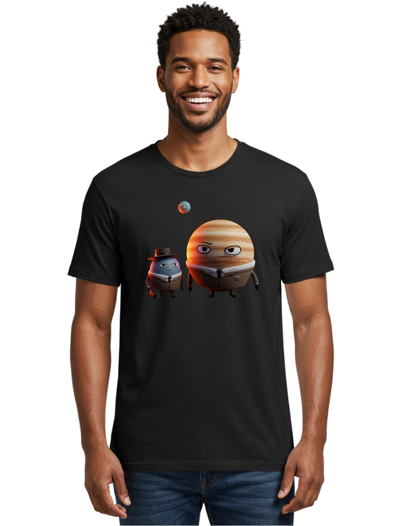 Jupiter-And-Earth Men'S Graphic Tee, 100% Cotton, Comfortable Casual Summer Wear, Machine Washable, Cartoon Planets, Jupiter And Mercury, Anthropomorphic Characters, Detective Character, Jupiter With Angry Face, Mercury With Detective Hat, Bad237 30