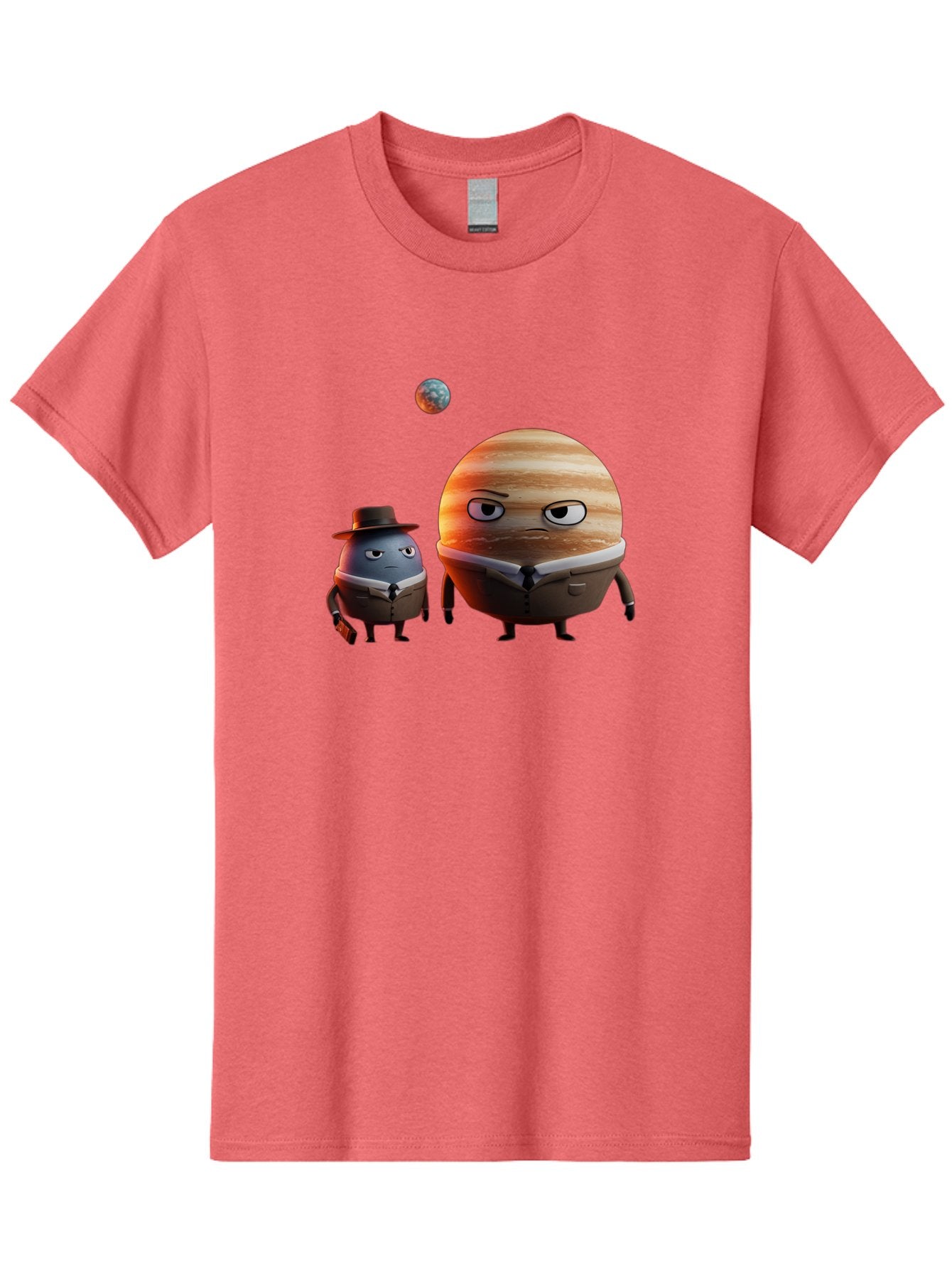 Jupiter-And-Earth Men'S Graphic Tee, 100% Cotton, Comfortable Casual Summer Wear, Machine Washable, Cartoon Planets, Jupiter And Mercury, Anthropomorphic Characters, Detective Character, Jupiter With Angry Face, Mercury With Detective Hat, Bad237