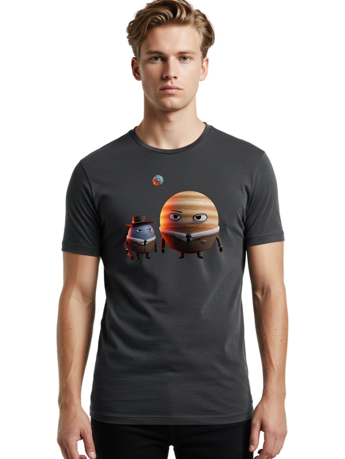 Jupiter-And-Earth Men'S Graphic Tee, 100% Cotton, Comfortable Casual Summer Wear, Machine Washable, Cartoon Planets, Jupiter And Mercury, Anthropomorphic Characters, Detective Character, Jupiter With Angry Face, Mercury With Detective Hat, Bad237 27