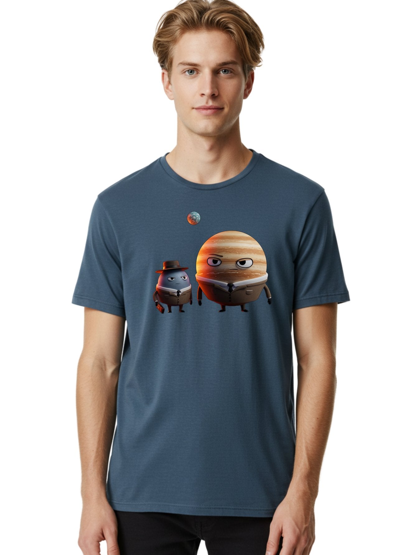 Jupiter-And-Earth Men'S Graphic Tee, 100% Cotton, Comfortable Casual Summer Wear, Machine Washable, Cartoon Planets, Jupiter And Mercury, Anthropomorphic Characters, Detective Character, Jupiter With Angry Face, Mercury With Detective Hat, Bad237 28