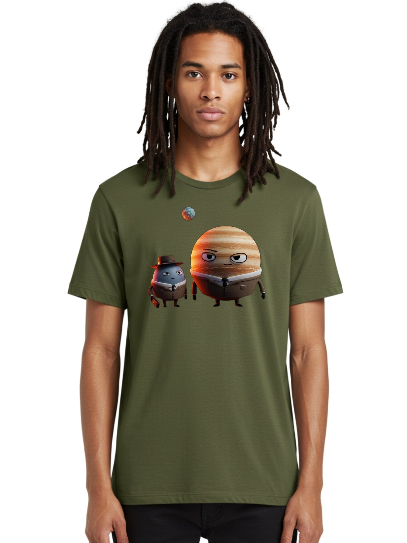 Jupiter-And-Earth Men'S Graphic Tee, 100% Cotton, Comfortable Casual Summer Wear, Machine Washable, Cartoon Planets, Jupiter And Mercury, Anthropomorphic Characters, Detective Character, Jupiter With Angry Face, Mercury With Detective Hat, Bad237 29
