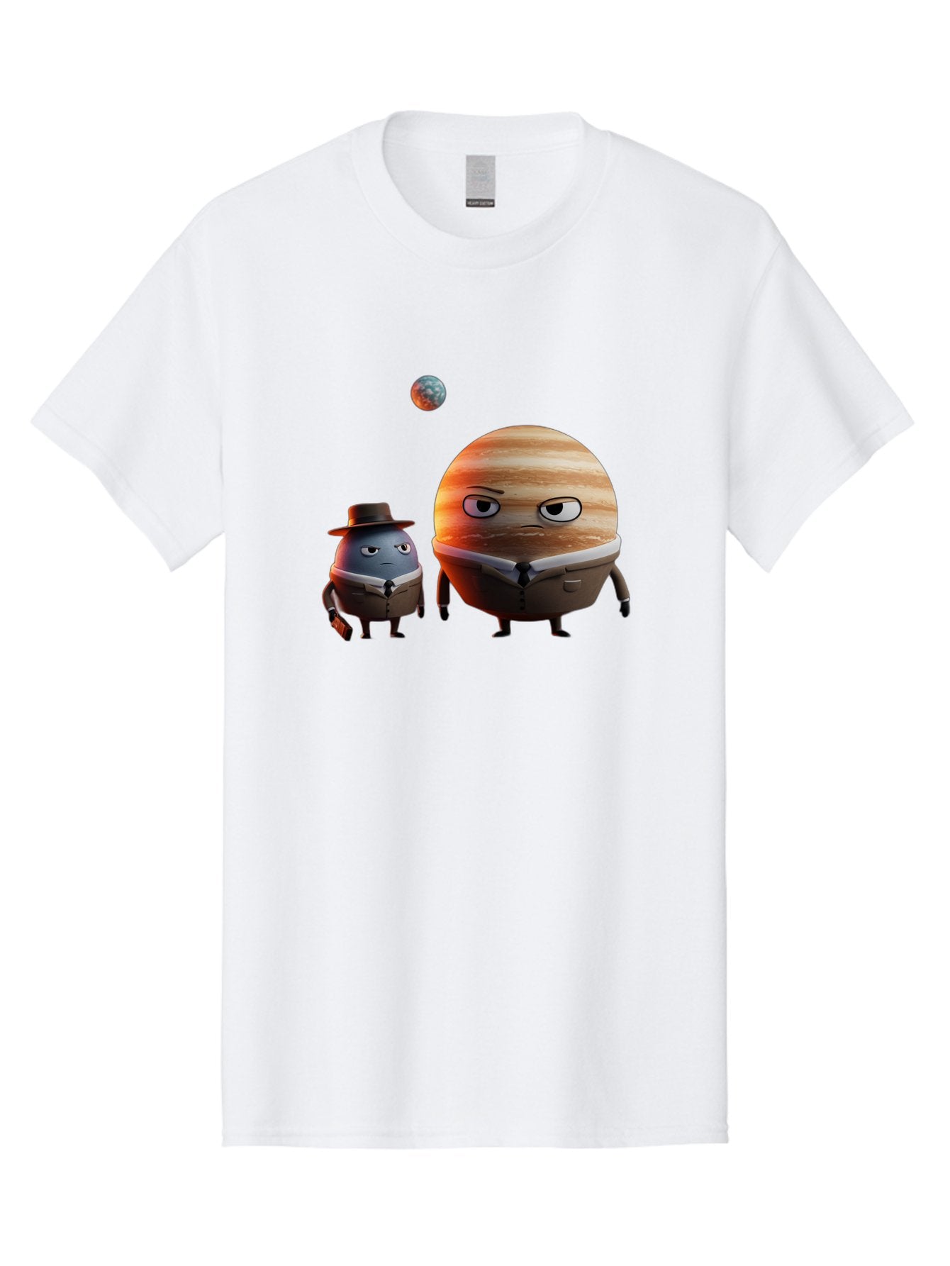 Jupiter-And-Earth Men'S Graphic Tee, 100% Cotton, Comfortable Casual Summer Wear, Machine Washable, Cartoon Planets, Jupiter And Mercury, Anthropomorphic Characters, Detective Character, Jupiter With Angry Face, Mercury With Detective Hat, Bad237 9