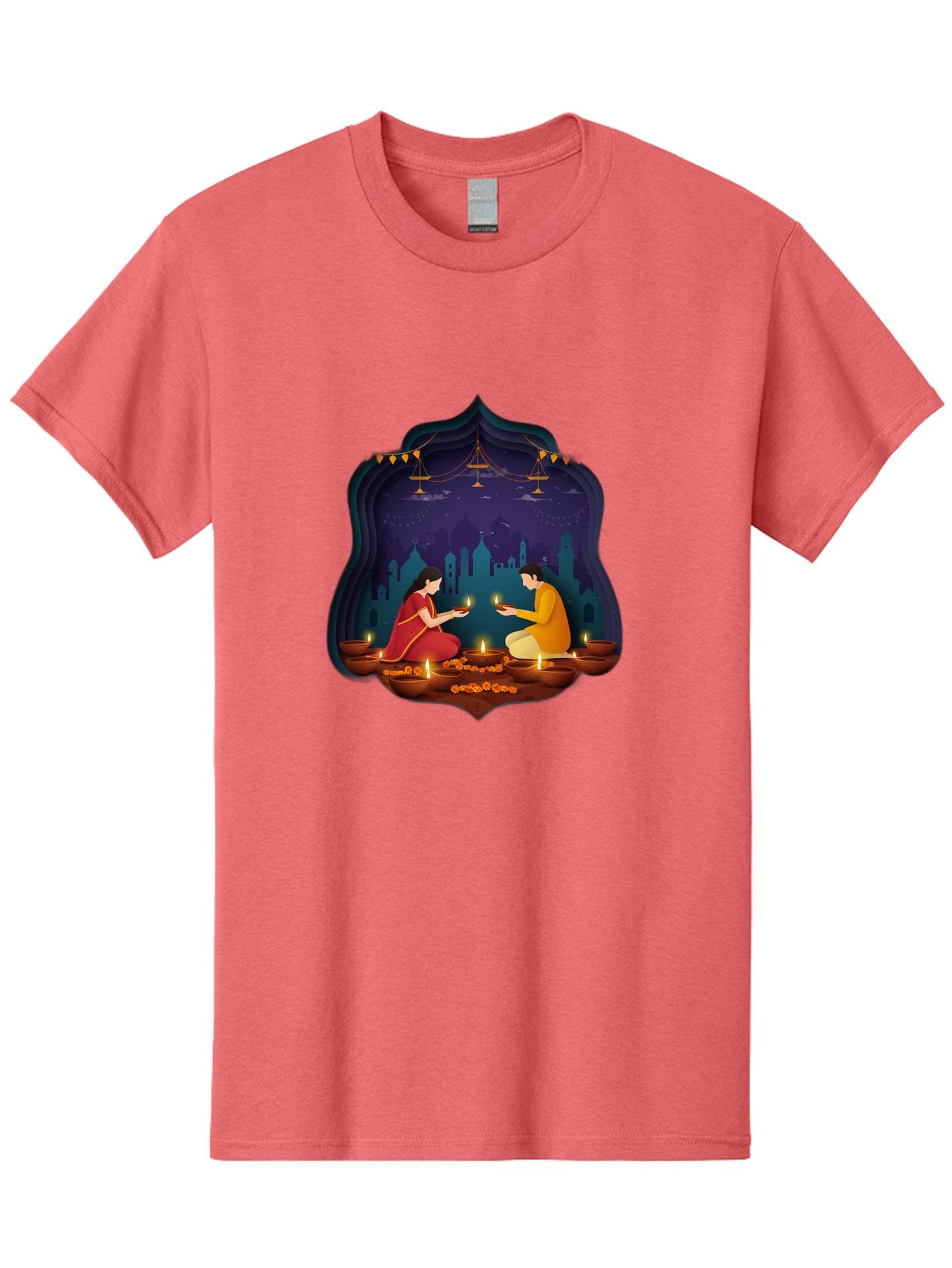 Kali-Puja Men'S Graphic Tee, 100% Cotton, Comfortable Casual Summer Wear, Machine Washable, Couple Lighting Diyas, Diwali Celebration, Festive Atmosphere, Traditional Indian Clothing, Lit Candles, Vibrant Colors, Cultural Heritage, Bad242 10