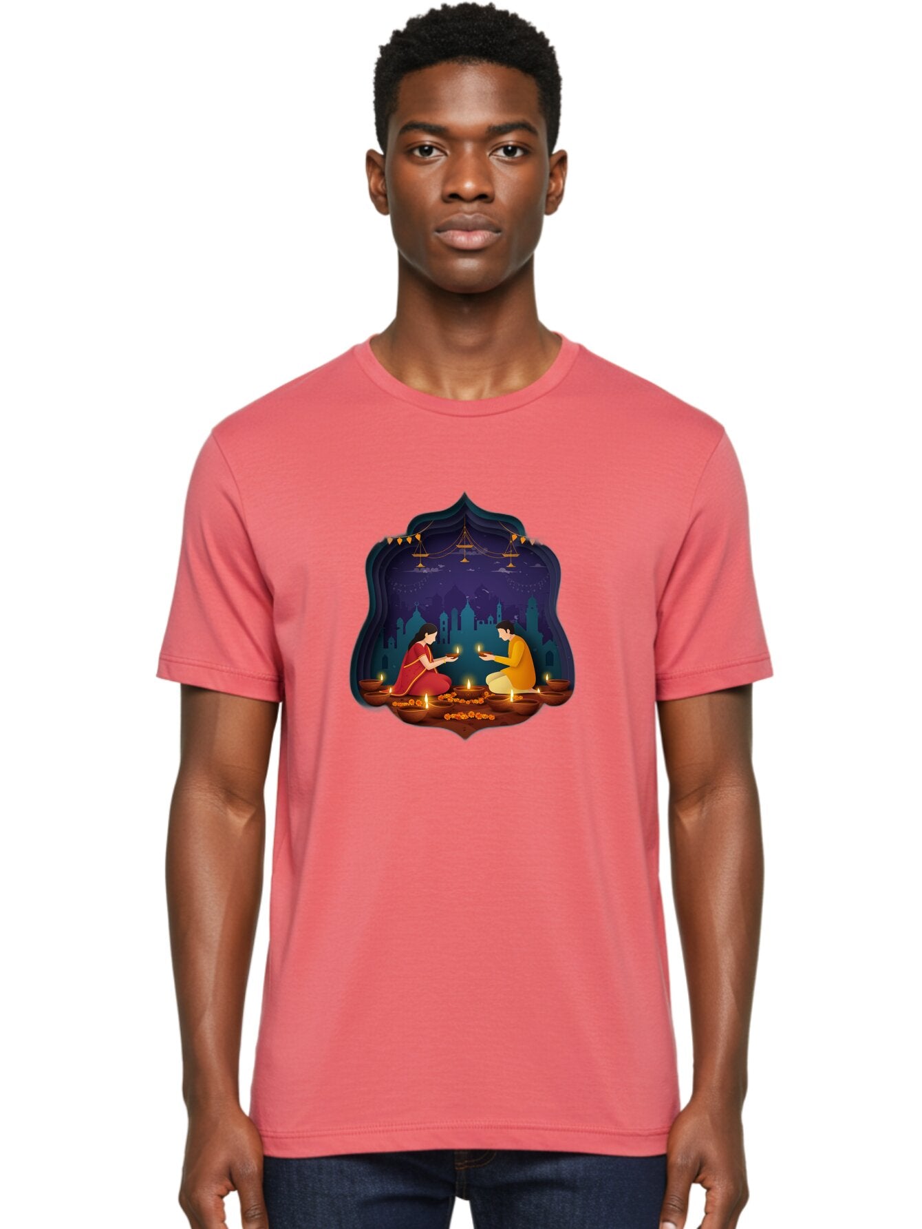 Kali-Puja Men'S Graphic Tee, 100% Cotton, Comfortable Casual Summer Wear, Machine Washable, Couple Lighting Diyas, Diwali Celebration, Festive Atmosphere, Traditional Indian Clothing, Lit Candles, Vibrant Colors, Cultural Heritage, Bad242 17