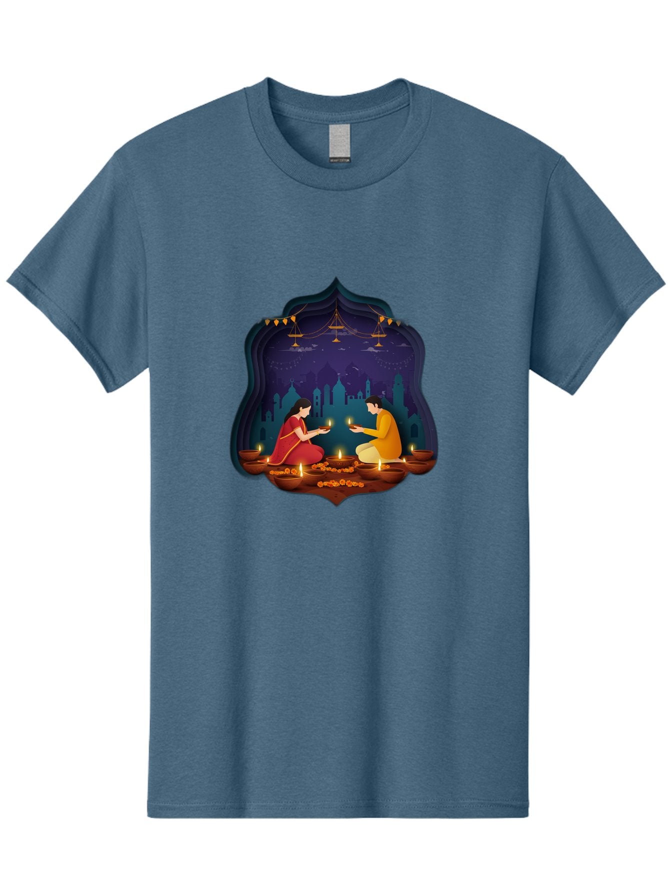 Kali-Puja Men'S Graphic Tee, 100% Cotton, Comfortable Casual Summer Wear, Machine Washable, Couple Lighting Diyas, Diwali Celebration, Festive Atmosphere, Traditional Indian Clothing, Lit Candles, Vibrant Colors, Cultural Heritage, Bad242 6