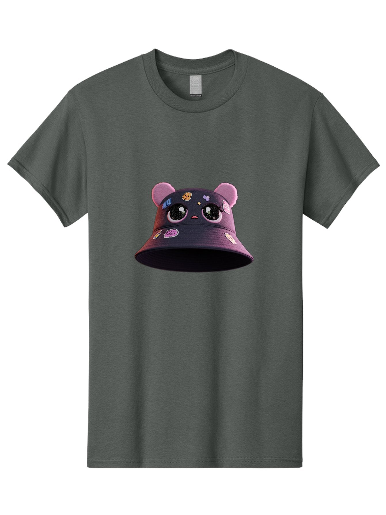 Kawaii-Bucket-Hat Men'S Graphic Tee, 100% Cotton, Comfortable Casual Summer Wear, Machine Washable, Purple Bucket Hat, Kawaii Fashion, Cute Cartoon Eyes, Colorful Stickers, Anime Style, Streetwear Accessories, Trendy Clothing Bad243 15