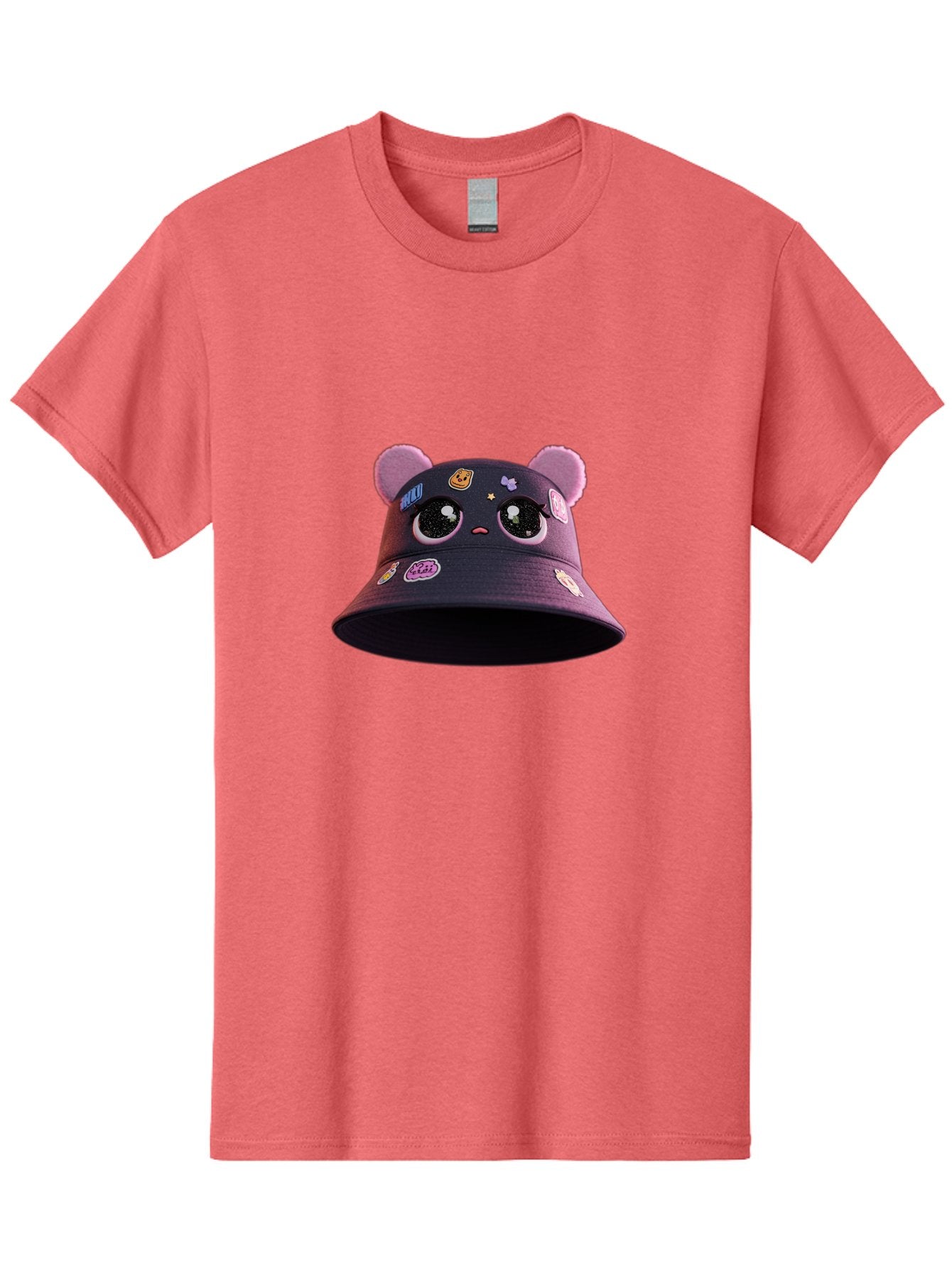 Kawaii-Bucket-Hat Men'S Graphic Tee, 100% Cotton, Comfortable Casual Summer Wear, Machine Washable, Purple Bucket Hat, Kawaii Fashion, Cute Cartoon Eyes, Colorful Stickers, Anime Style, Streetwear Accessories, Trendy Clothing Bad243 7