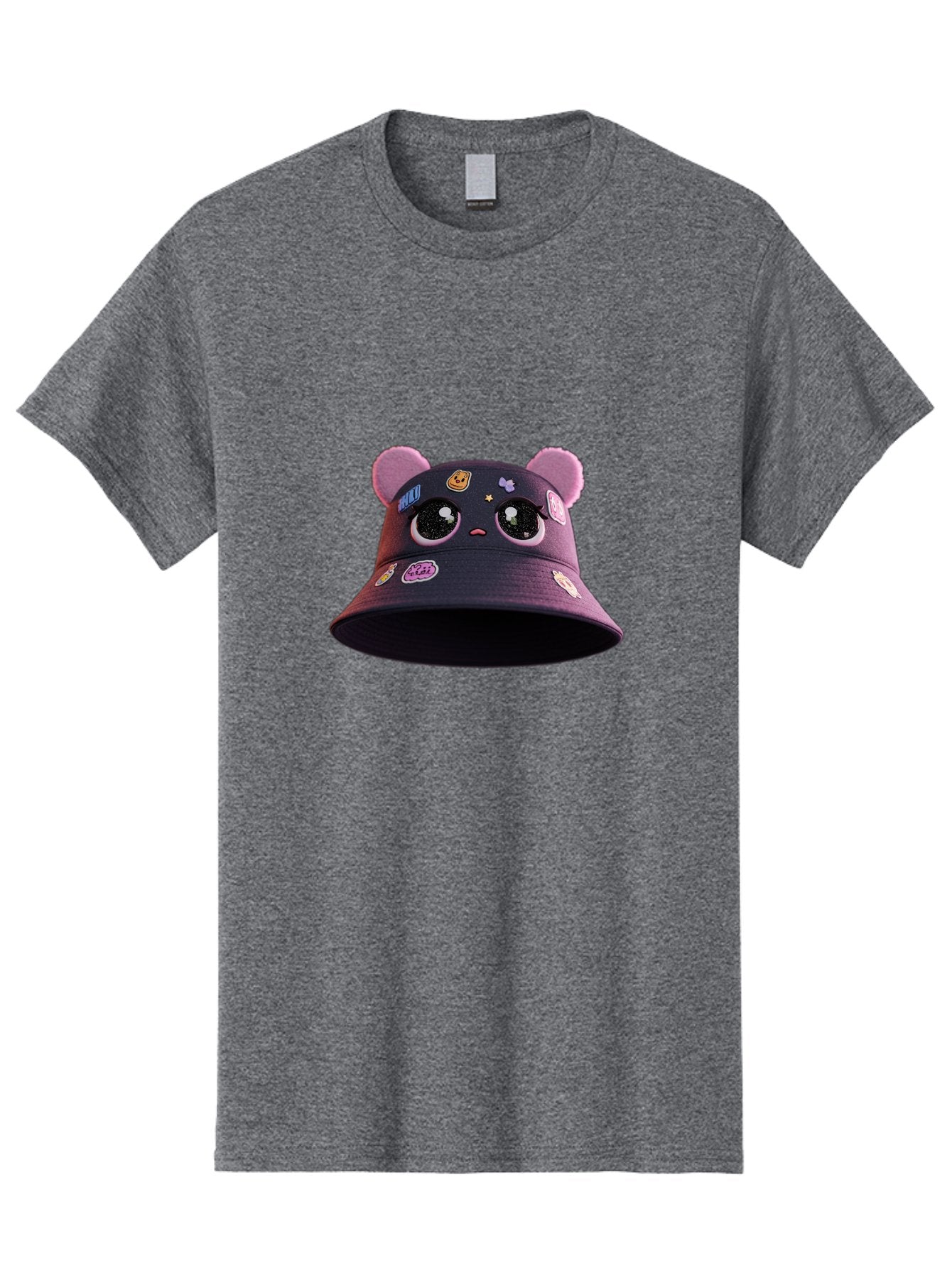 Kawaii-Bucket-Hat Men'S Graphic Tee, 100% Cotton, Comfortable Casual Summer Wear, Machine Washable, Purple Bucket Hat, Kawaii Fashion, Cute Cartoon Eyes, Colorful Stickers, Anime Style, Streetwear Accessories, Trendy Clothing Bad243
