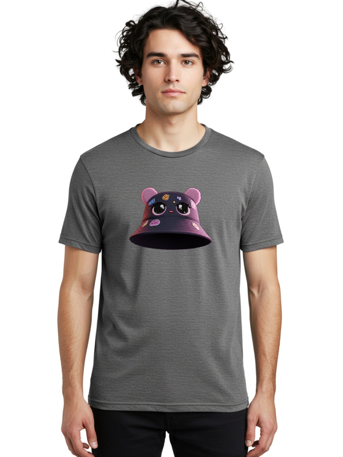 Kawaii-Bucket-Hat Men'S Graphic Tee, 100% Cotton, Comfortable Casual Summer Wear, Machine Washable, Purple Bucket Hat, Kawaii Fashion, Cute Cartoon Eyes, Colorful Stickers, Anime Style, Streetwear Accessories, Trendy Clothing Bad243 19