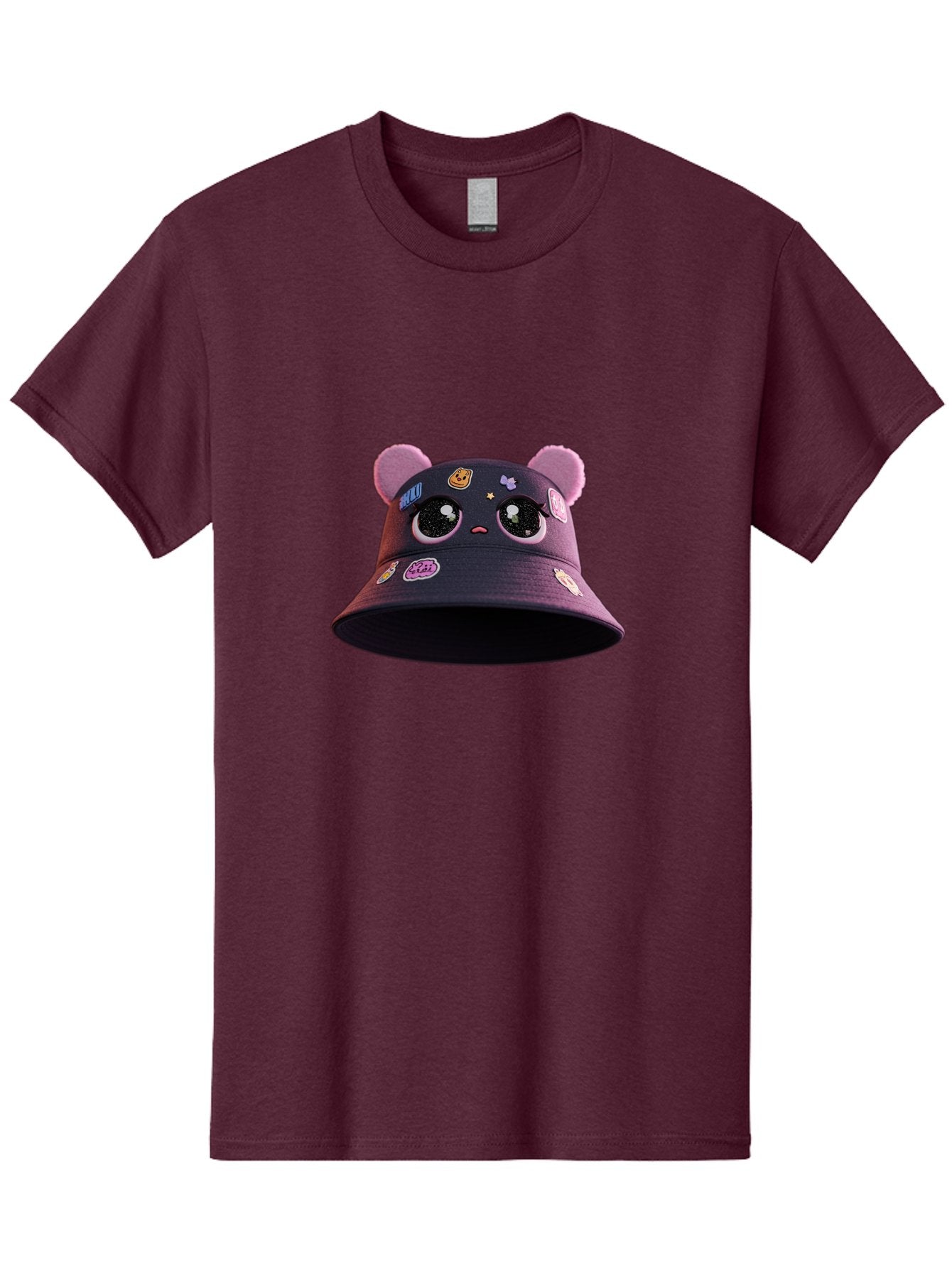 Kawaii-Bucket-Hat Men'S Graphic Tee, 100% Cotton, Comfortable Casual Summer Wear, Machine Washable, Purple Bucket Hat, Kawaii Fashion, Cute Cartoon Eyes, Colorful Stickers, Anime Style, Streetwear Accessories, Trendy Clothing Bad243 14