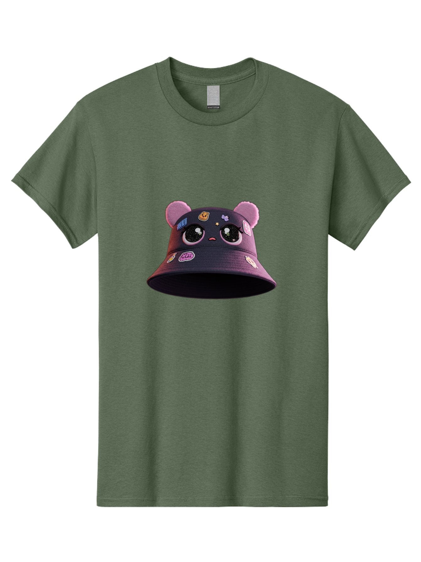 Kawaii-Bucket-Hat Men'S Graphic Tee, 100% Cotton, Comfortable Casual Summer Wear, Machine Washable, Purple Bucket Hat, Kawaii Fashion, Cute Cartoon Eyes, Colorful Stickers, Anime Style, Streetwear Accessories, Trendy Clothing Bad243 10