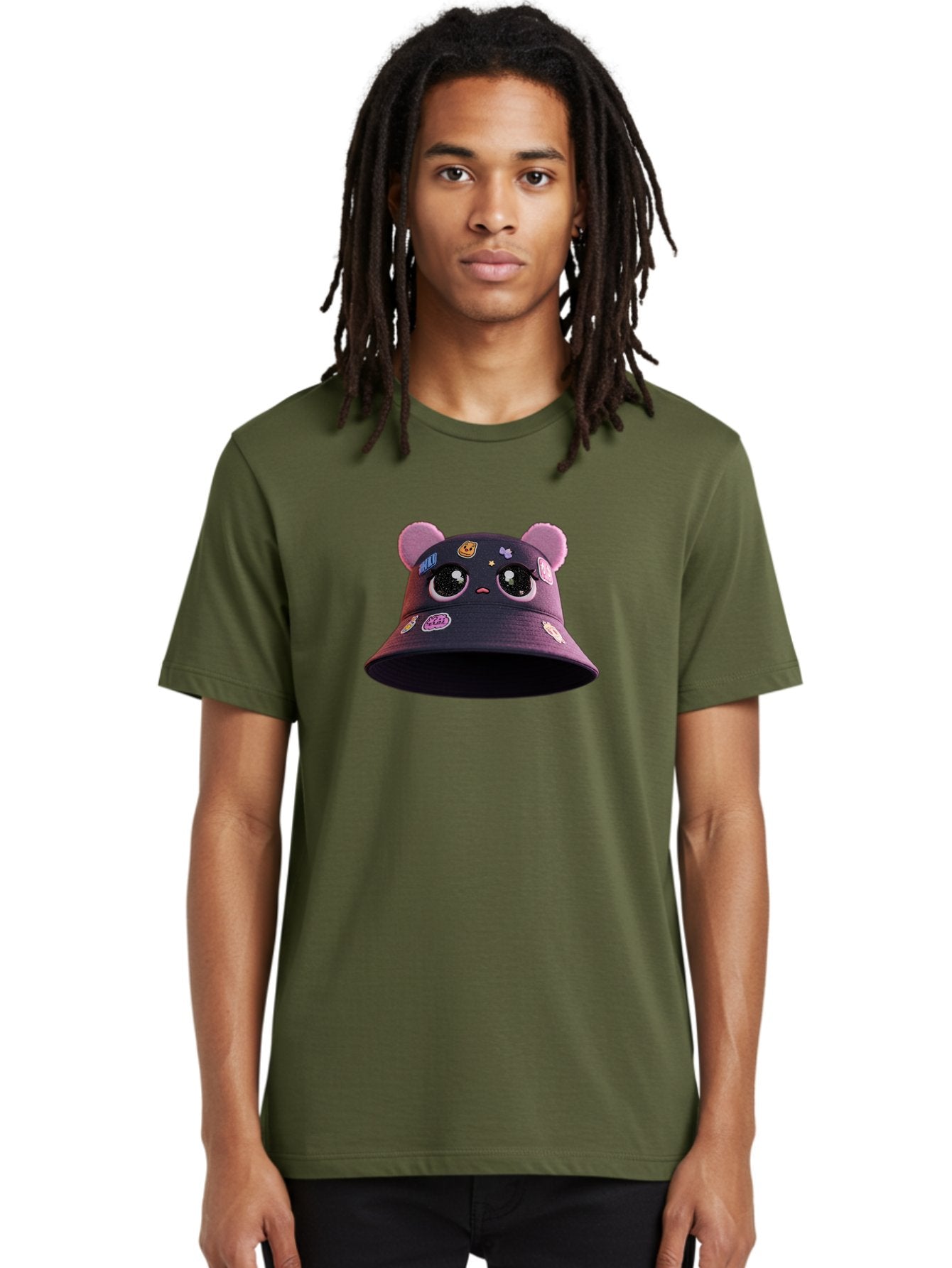 Kawaii-Bucket-Hat Men'S Graphic Tee, 100% Cotton, Comfortable Casual Summer Wear, Machine Washable, Purple Bucket Hat, Kawaii Fashion, Cute Cartoon Eyes, Colorful Stickers, Anime Style, Streetwear Accessories, Trendy Clothing Bad243 17