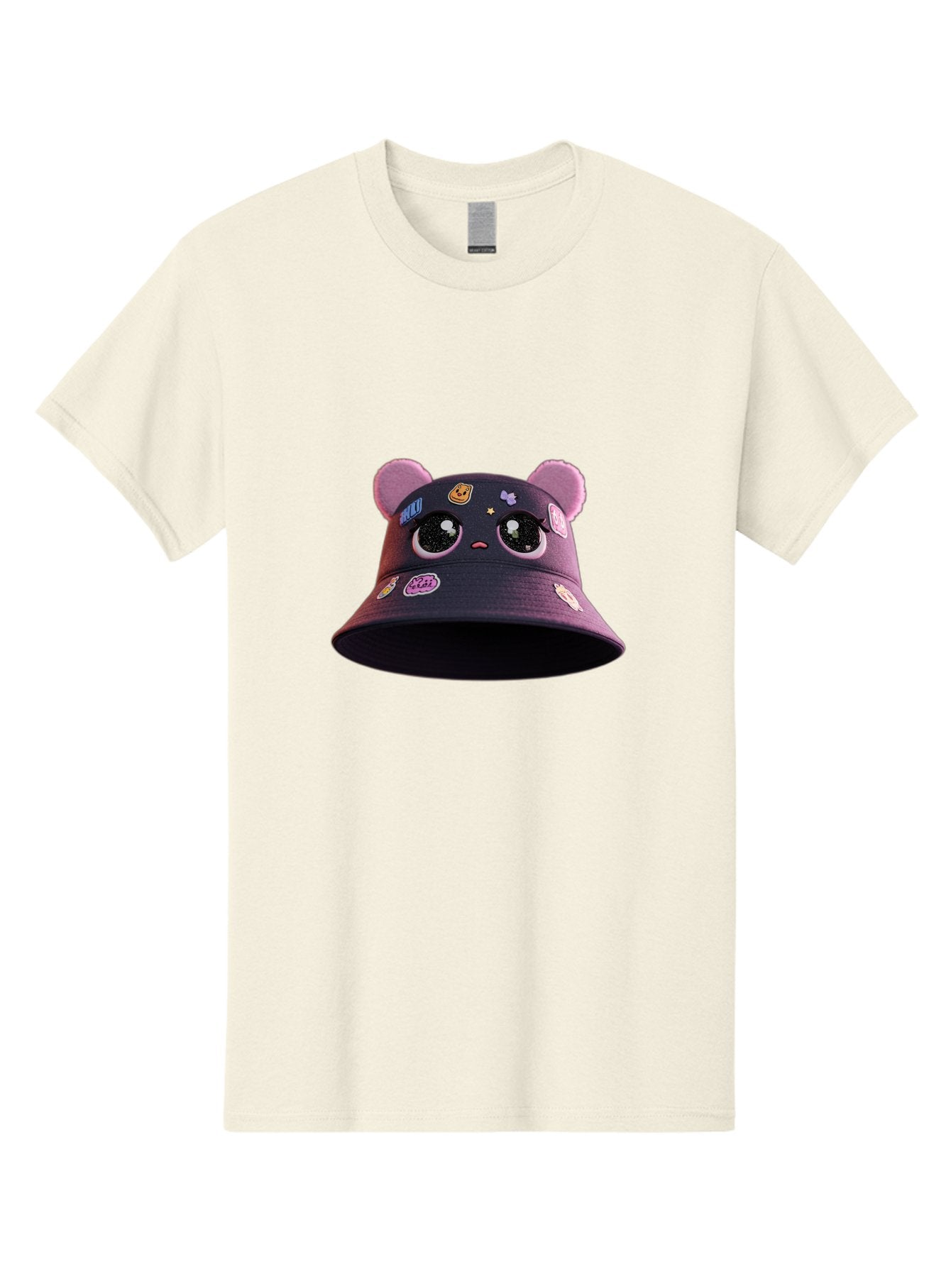 Kawaii-Bucket-Hat Men'S Graphic Tee, 100% Cotton, Comfortable Casual Summer Wear, Machine Washable, Purple Bucket Hat, Kawaii Fashion, Cute Cartoon Eyes, Colorful Stickers, Anime Style, Streetwear Accessories, Trendy Clothing Bad243 5