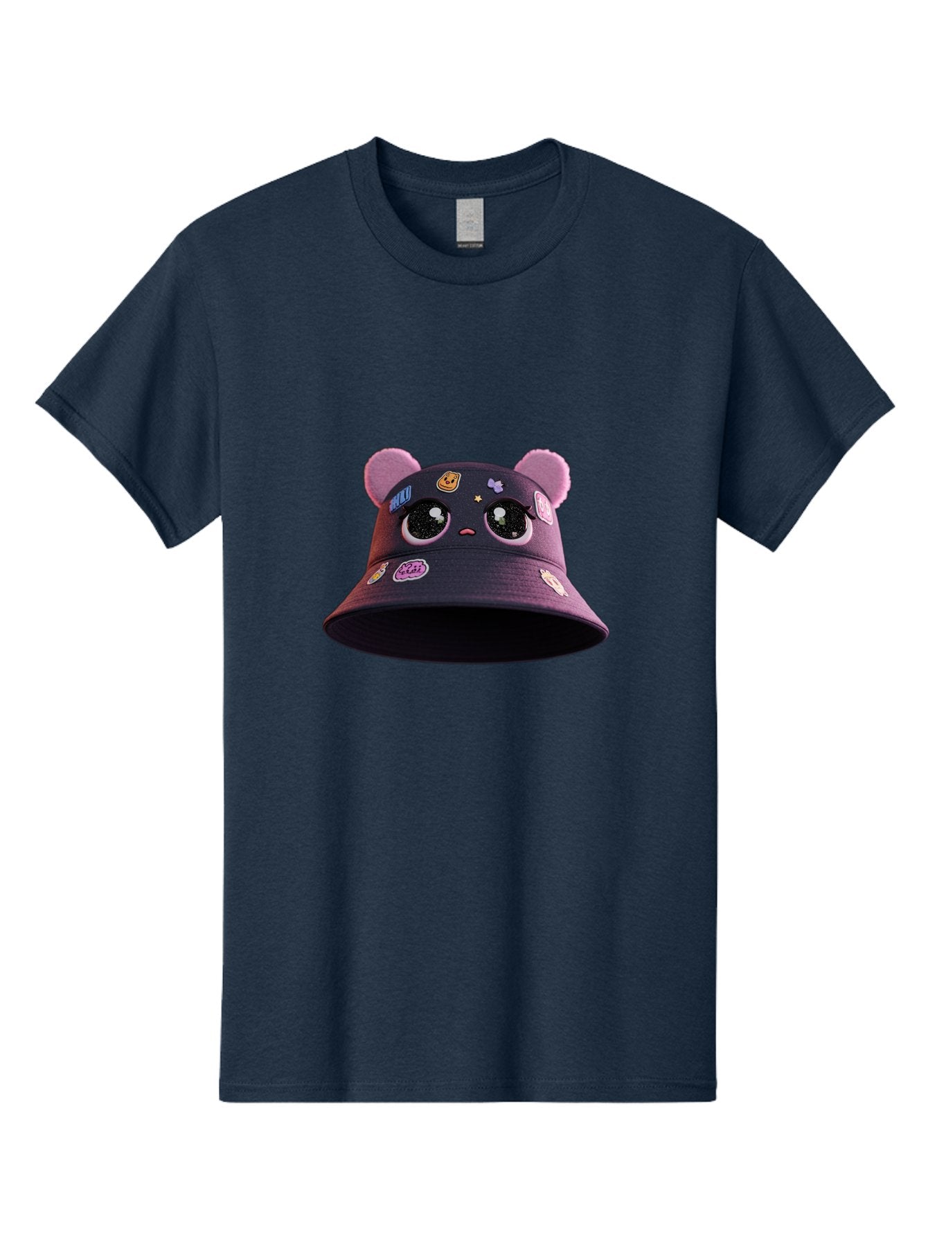 Kawaii-Bucket-Hat Men'S Graphic Tee, 100% Cotton, Comfortable Casual Summer Wear, Machine Washable, Purple Bucket Hat, Kawaii Fashion, Cute Cartoon Eyes, Colorful Stickers, Anime Style, Streetwear Accessories, Trendy Clothing Bad243 12
