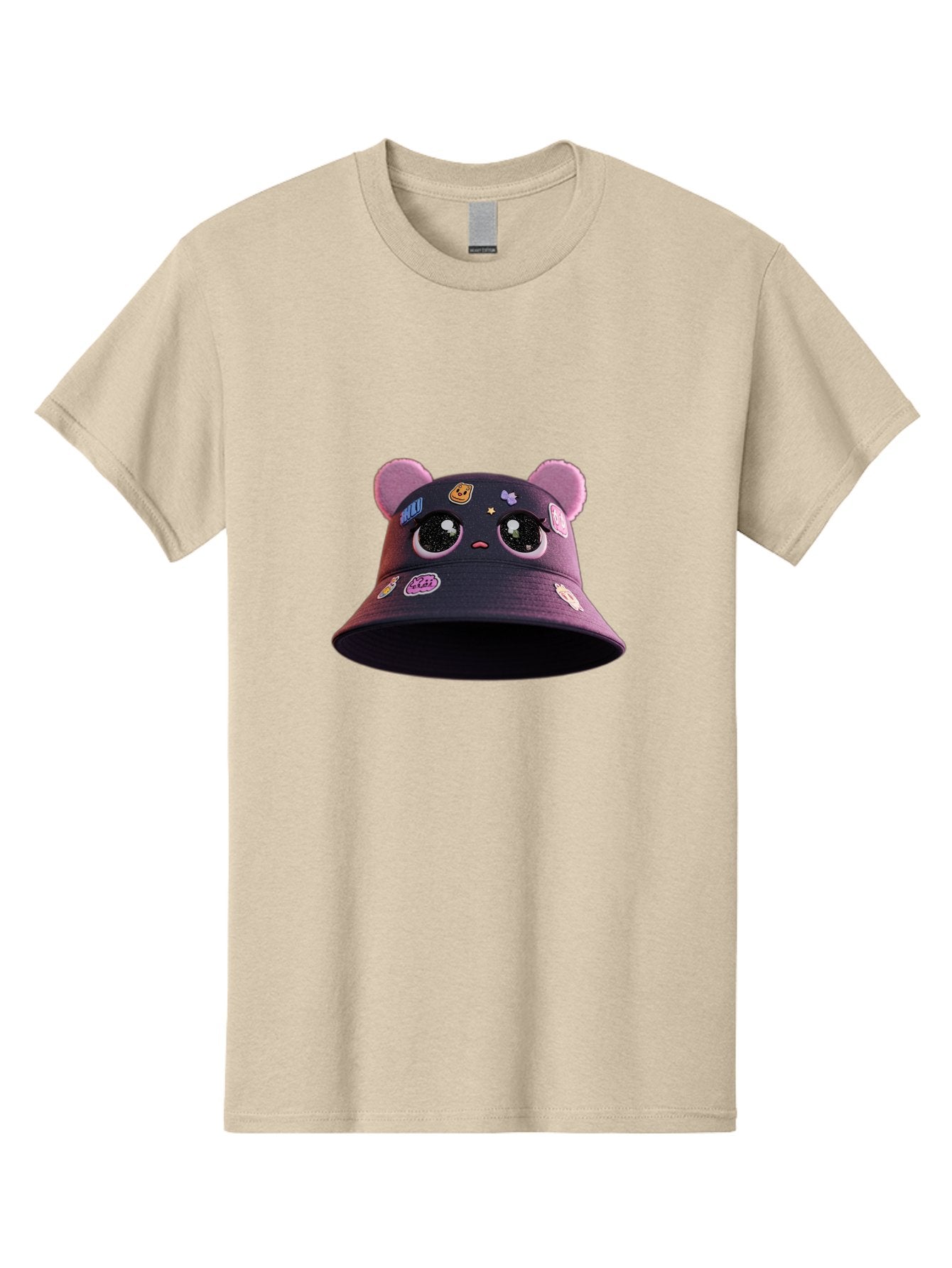 Kawaii-Bucket-Hat Men'S Graphic Tee, 100% Cotton, Comfortable Casual Summer Wear, Machine Washable, Purple Bucket Hat, Kawaii Fashion, Cute Cartoon Eyes, Colorful Stickers, Anime Style, Streetwear Accessories, Trendy Clothing Bad243 6