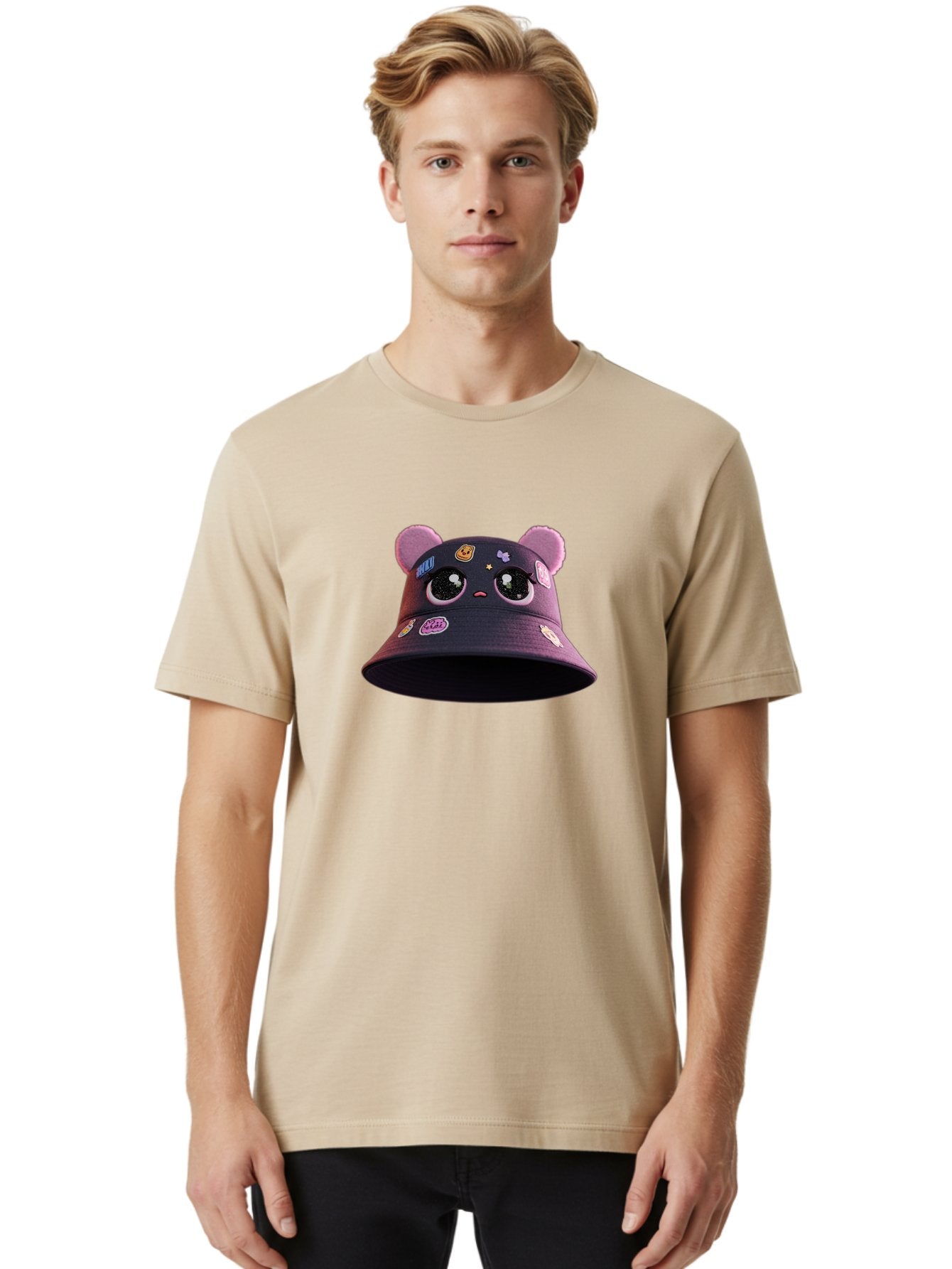 Kawaii-Bucket-Hat Men'S Graphic Tee, 100% Cotton, Comfortable Casual Summer Wear, Machine Washable, Purple Bucket Hat, Kawaii Fashion, Cute Cartoon Eyes, Colorful Stickers, Anime Style, Streetwear Accessories, Trendy Clothing Bad243 24