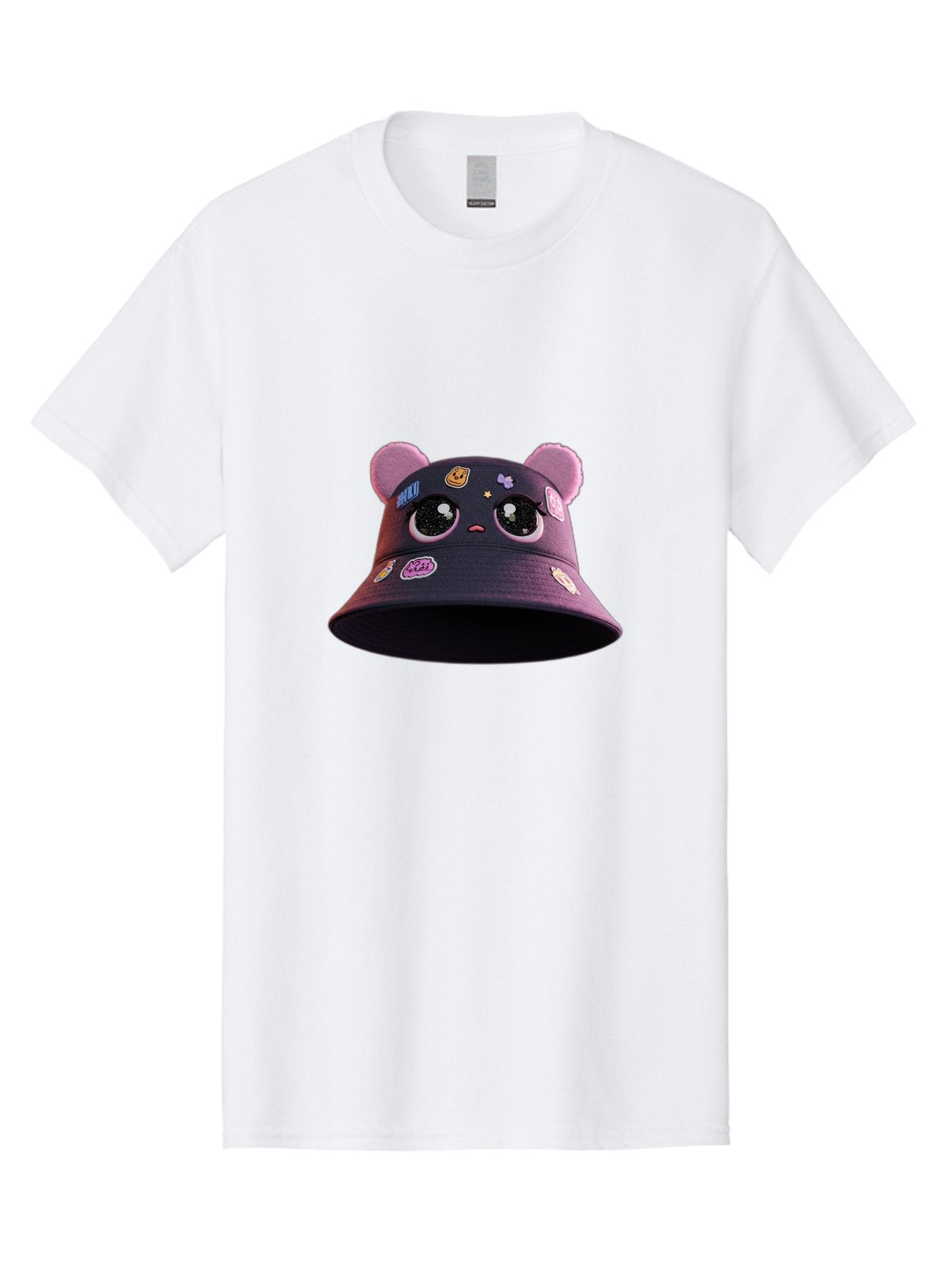 Kawaii-Bucket-Hat Men'S Graphic Tee, 100% Cotton, Comfortable Casual Summer Wear, Machine Washable, Purple Bucket Hat, Kawaii Fashion, Cute Cartoon Eyes, Colorful Stickers, Anime Style, Streetwear Accessories, Trendy Clothing Bad243 3