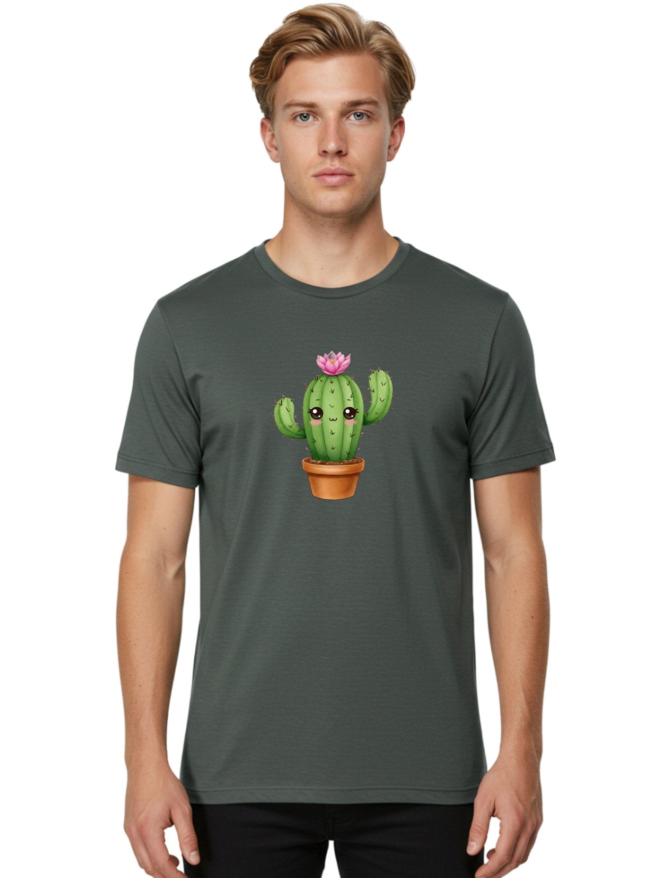 Kawaii-Cactus Men'S Graphic Tee, 100% Cotton, Comfortable Casual Summer Wear, Machine Washable, Kawaii Cactus, Potted Cactus, Cute Cartoon Cactus, Pink Flower, Succulent Plant, Floral Decoration, Adorable Character, Cartoon Illustration, Bad244 28